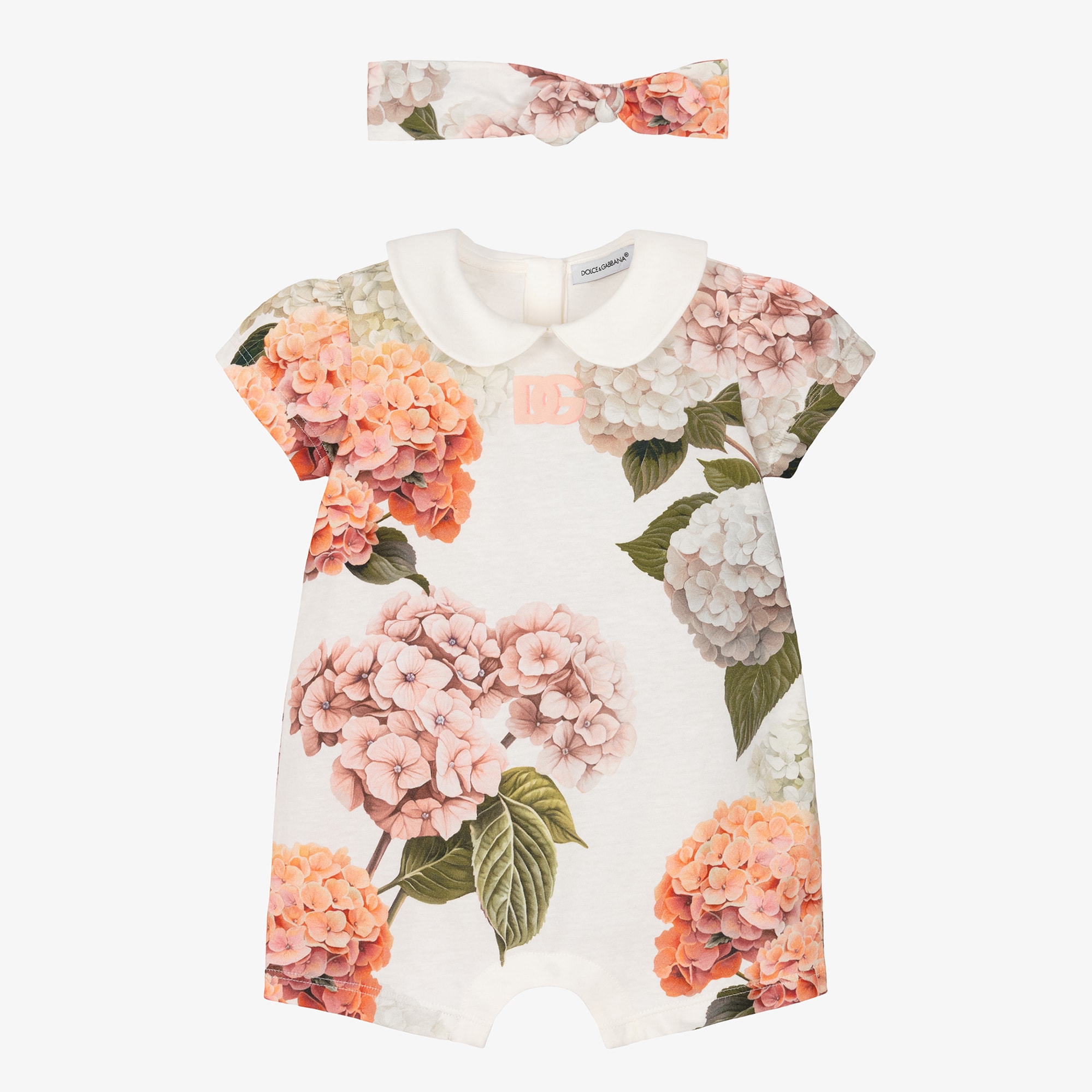 Girls White Cotton Hydrangea Print Shortie & Headband Set - View 1
