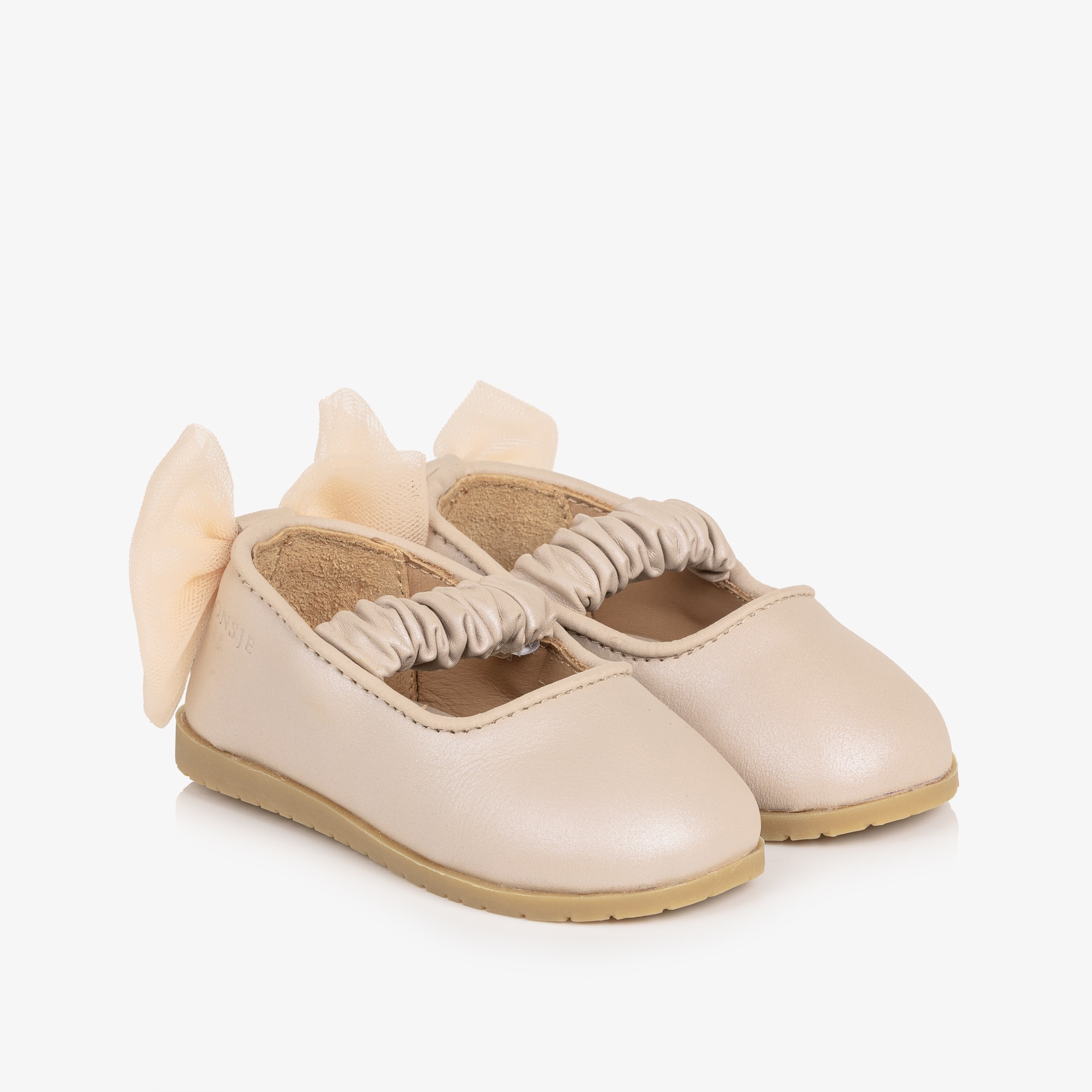 Baby Pink Leather Ballerina Shoes with Tulle Bow - View 1