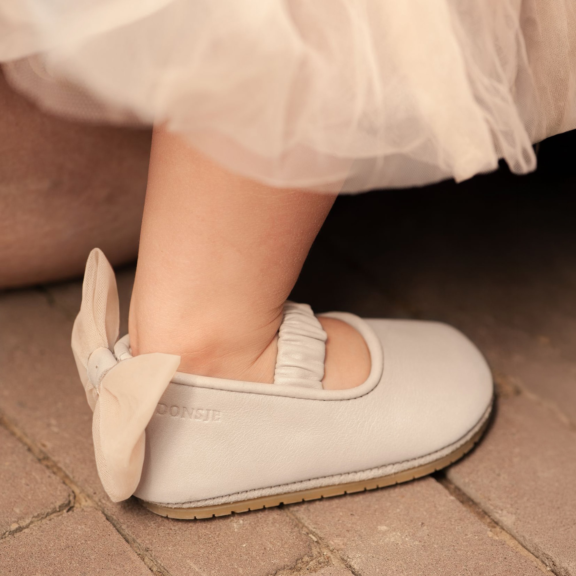 Baby Pink Leather Ballerina Shoes with Tulle Bow - View 2