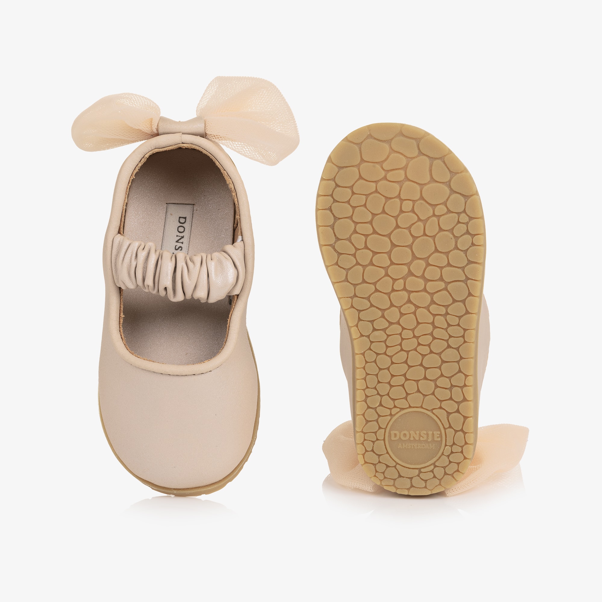Baby Pink Leather Ballerina Shoes with Tulle Bow - View 4