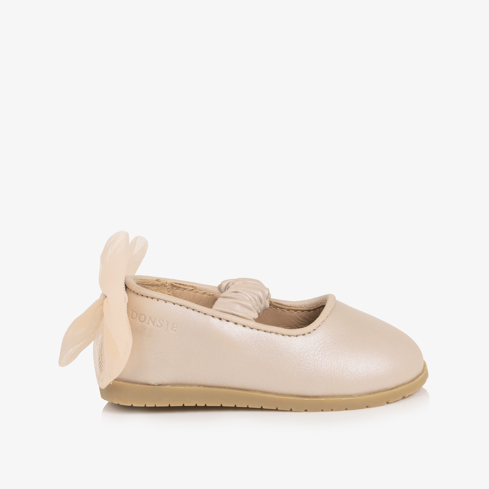Baby Pink Leather Ballerina Shoes with Tulle Bow - View 5