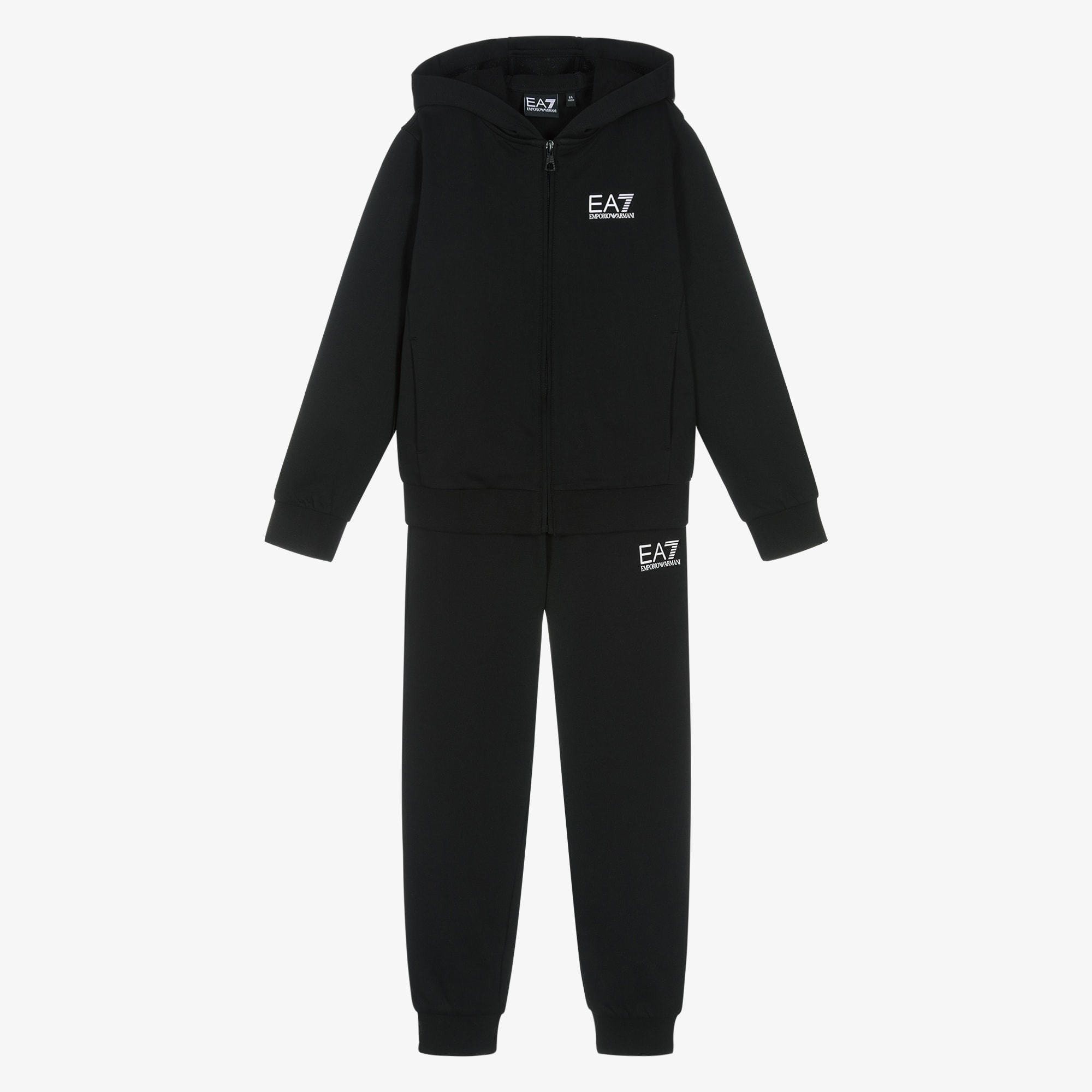 Boys Black Cotton Hooded Tracksuit with EA7 Logo - View 1