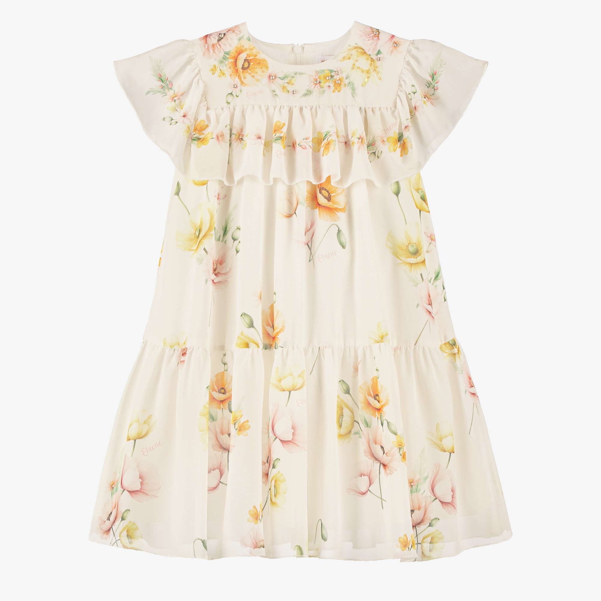 Girls Ivory Chiffon Floral Print Ruffle Dress - View 1