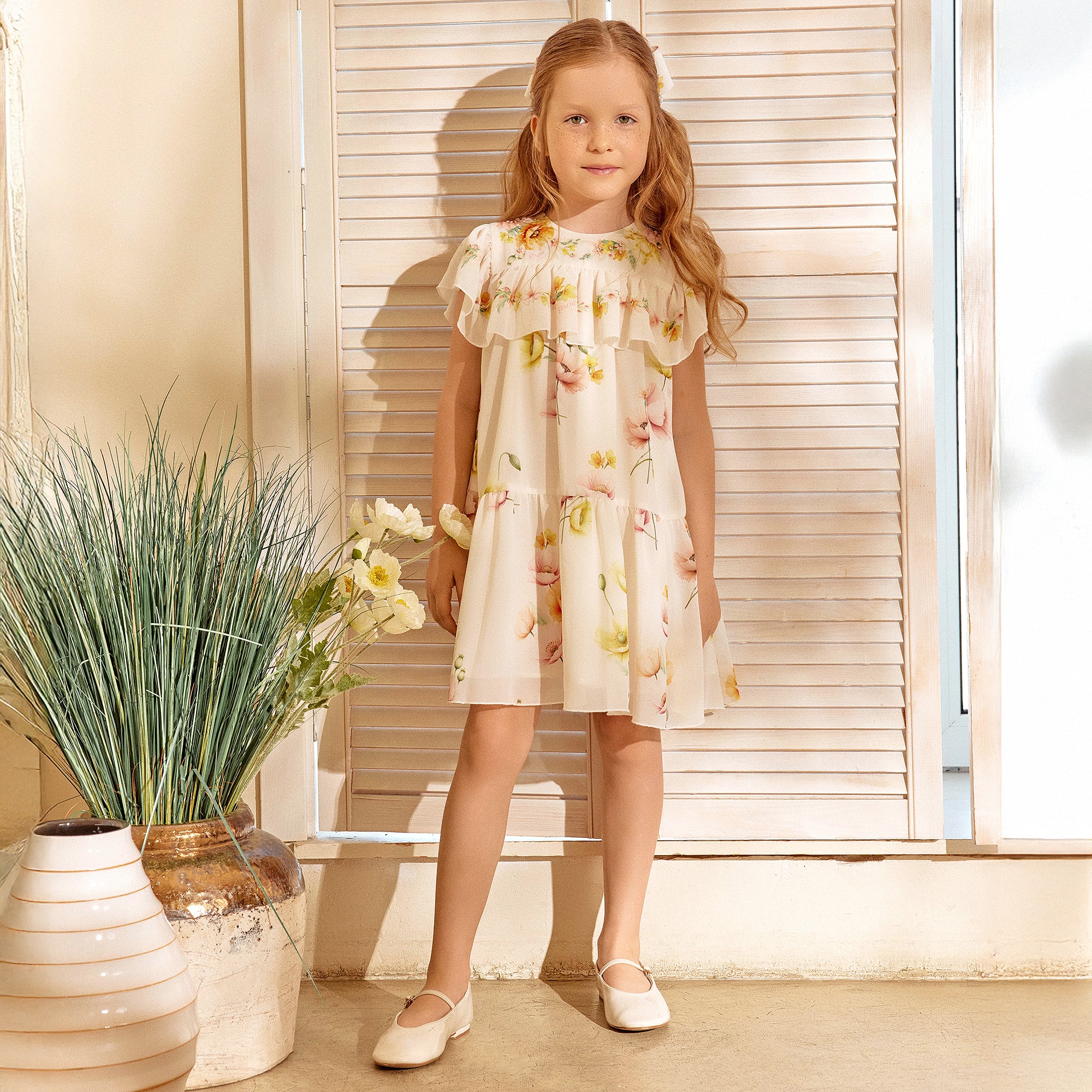 Girls Ivory Chiffon Floral Print Ruffle Dress - View 2