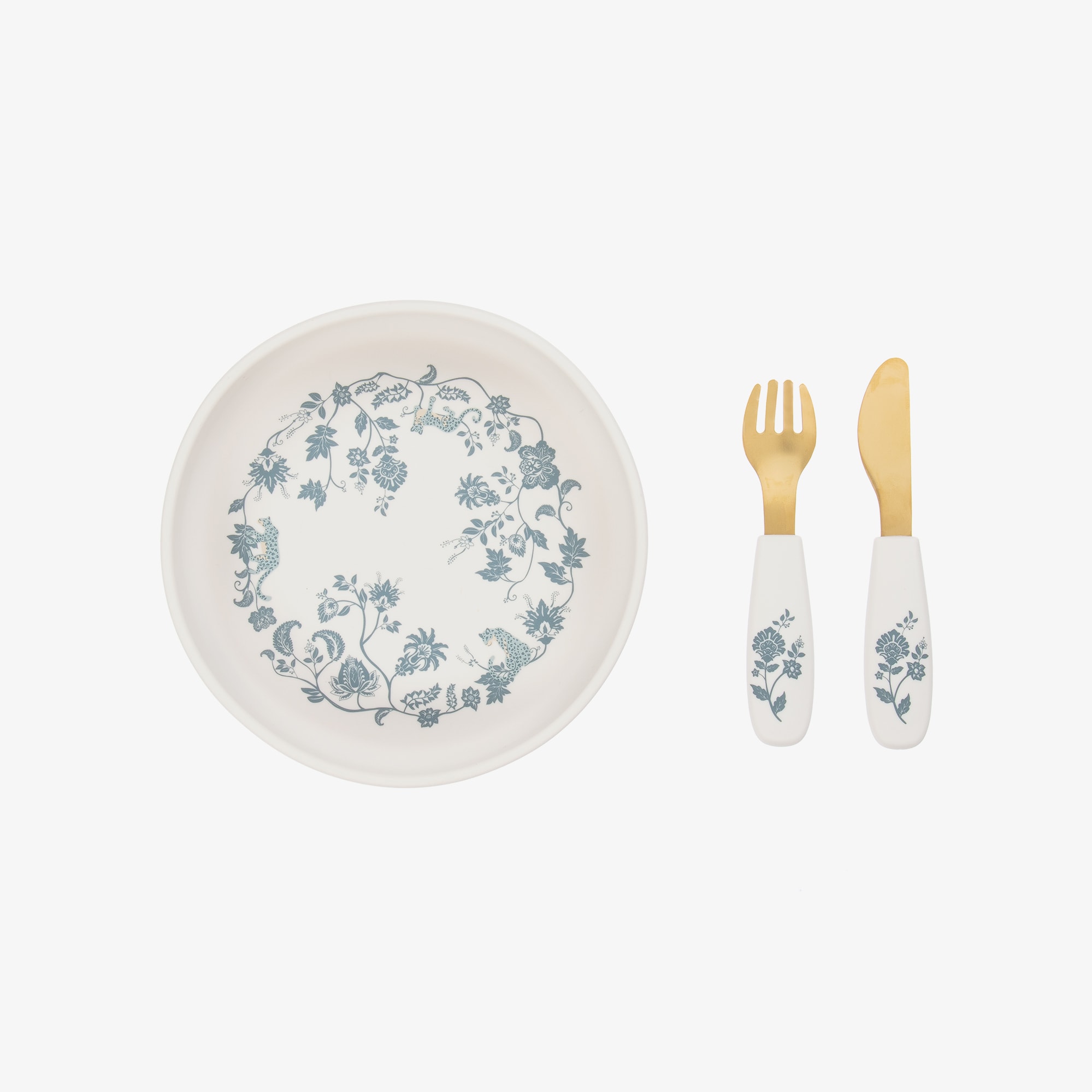 Ivory & Blue Plate & Cutlery Set with Floral Leopard Pattern - View 2
