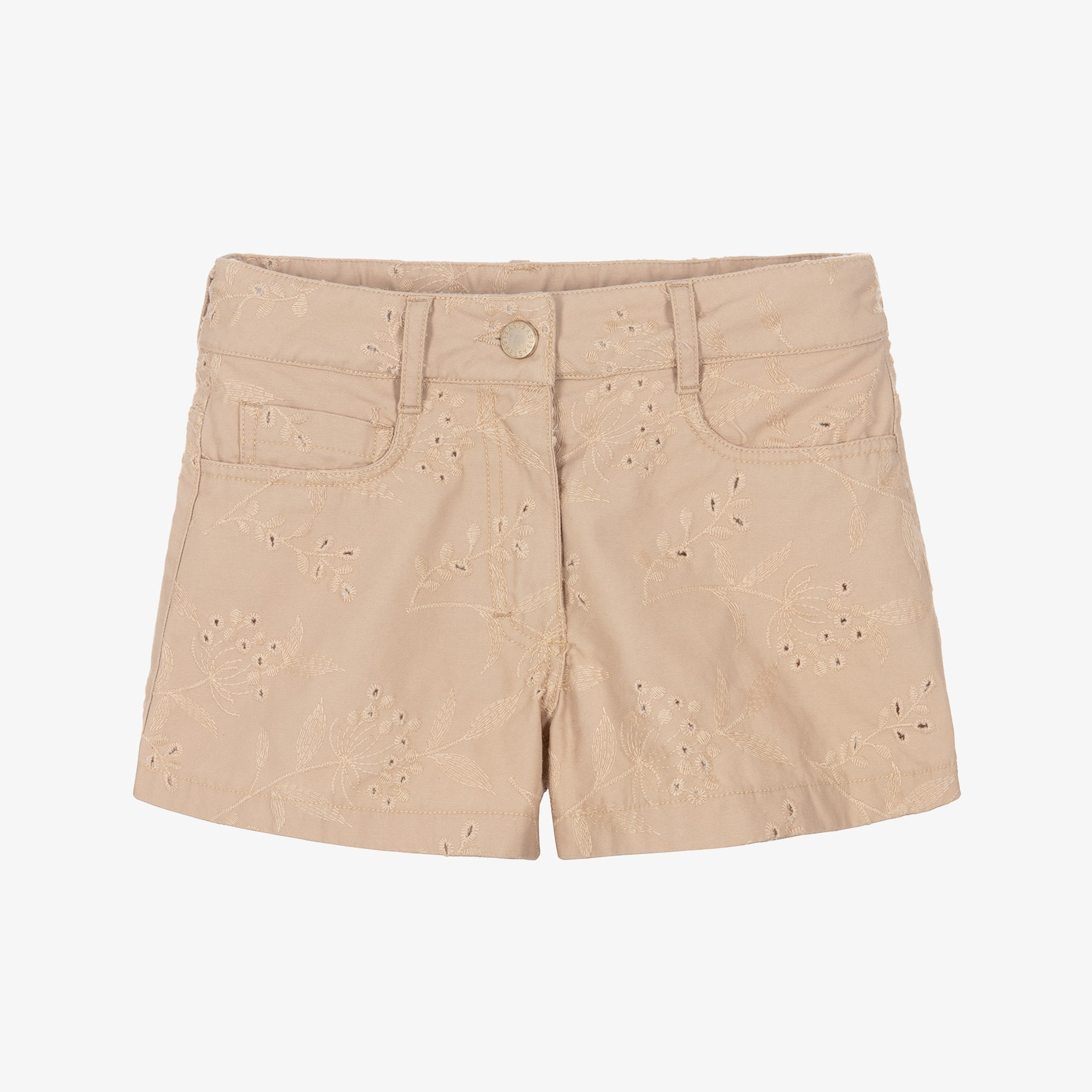 Girls Beige Cotton Shorts with Floral Embroidery - View 1