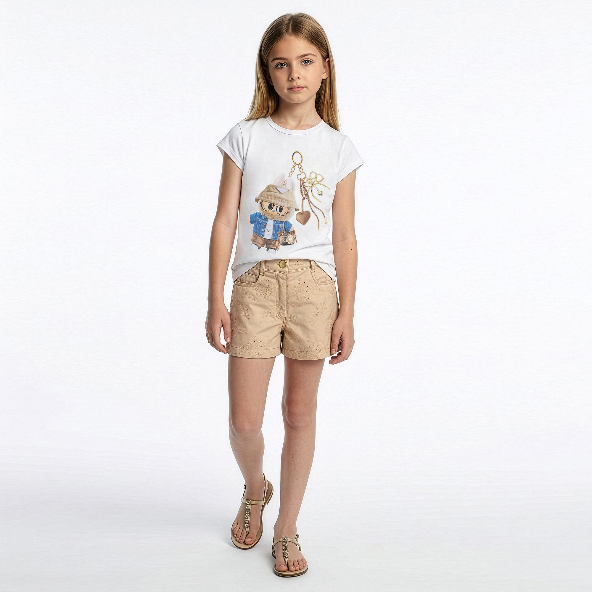 Girls Beige Cotton Shorts with Floral Embroidery - View 2