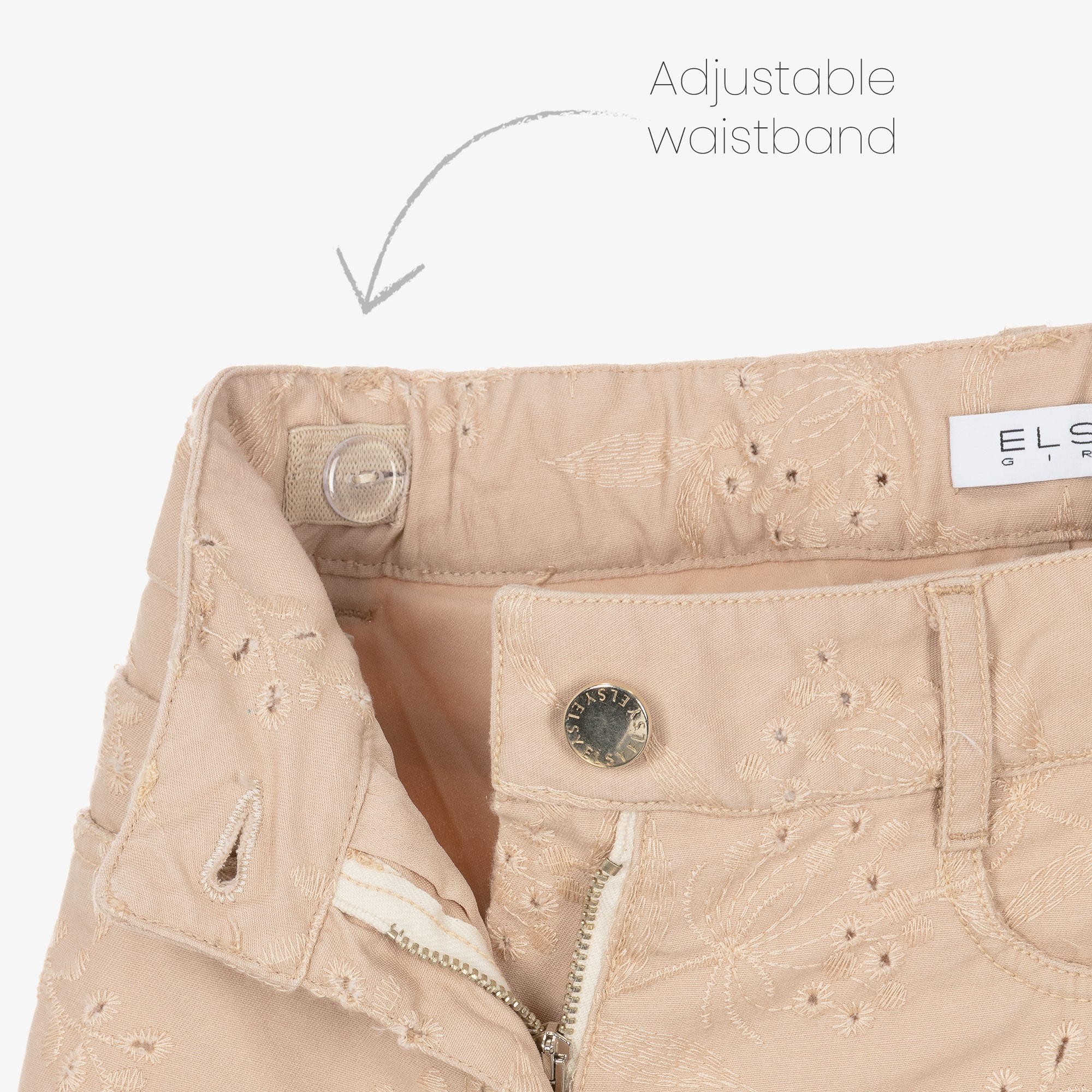 Girls Beige Cotton Shorts with Floral Embroidery - View 4