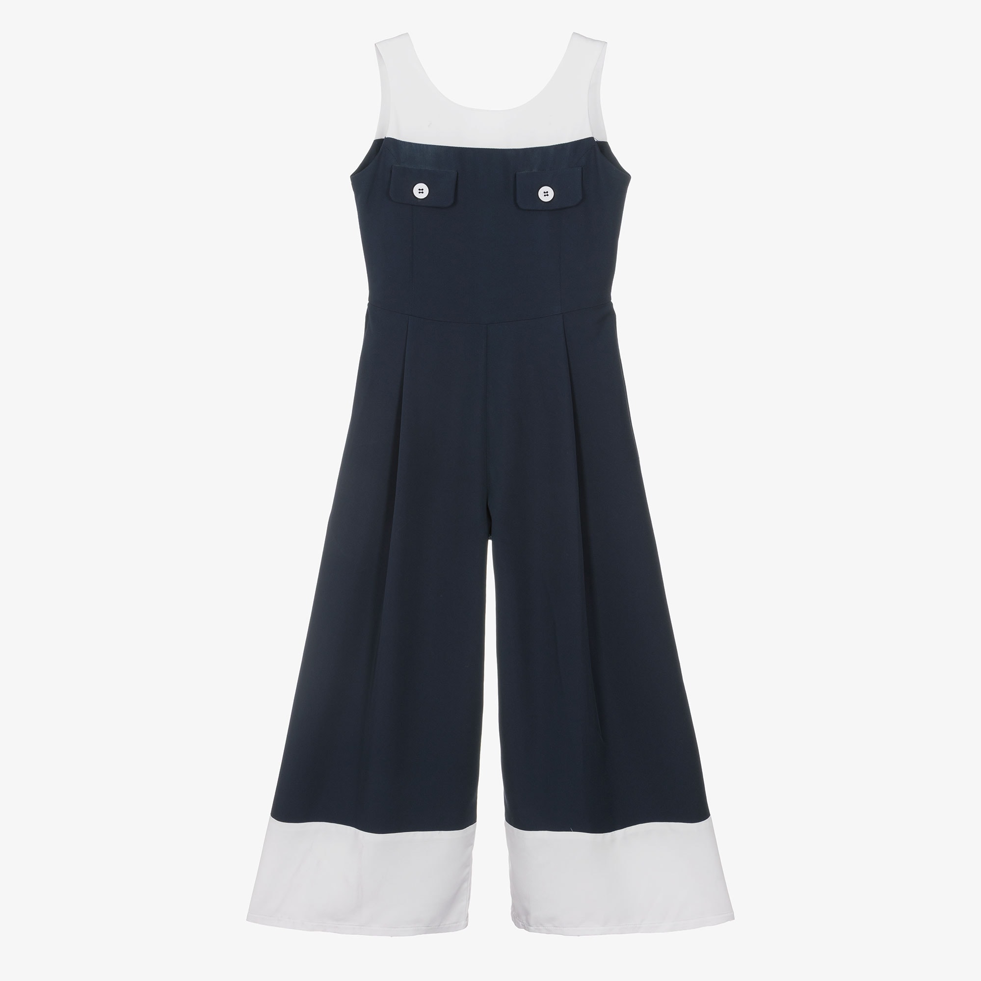 Girls Navy Blue & White Sleeveless Jumpsuit - View 1