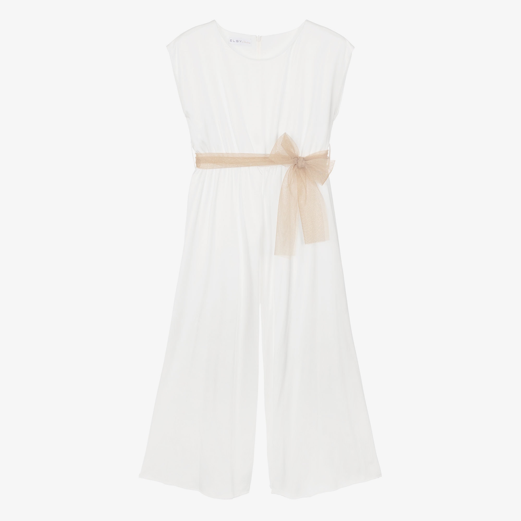 Girls White Satin Jumpsuit with Gold Tulle Sash Belt - View 1