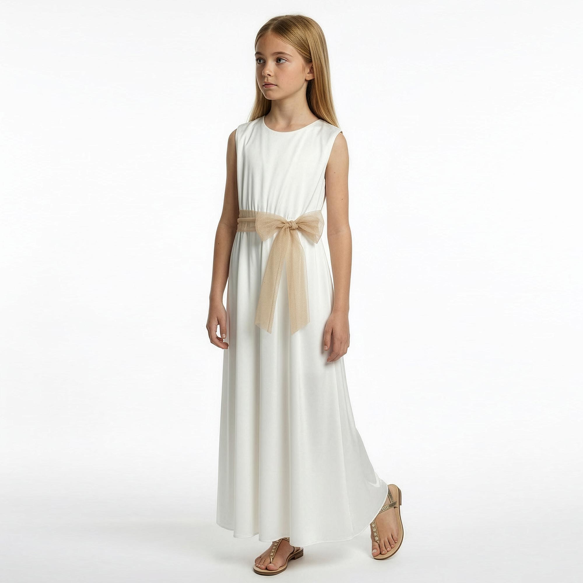 Girls White Satin Jumpsuit with Gold Tulle Sash Belt - View 2