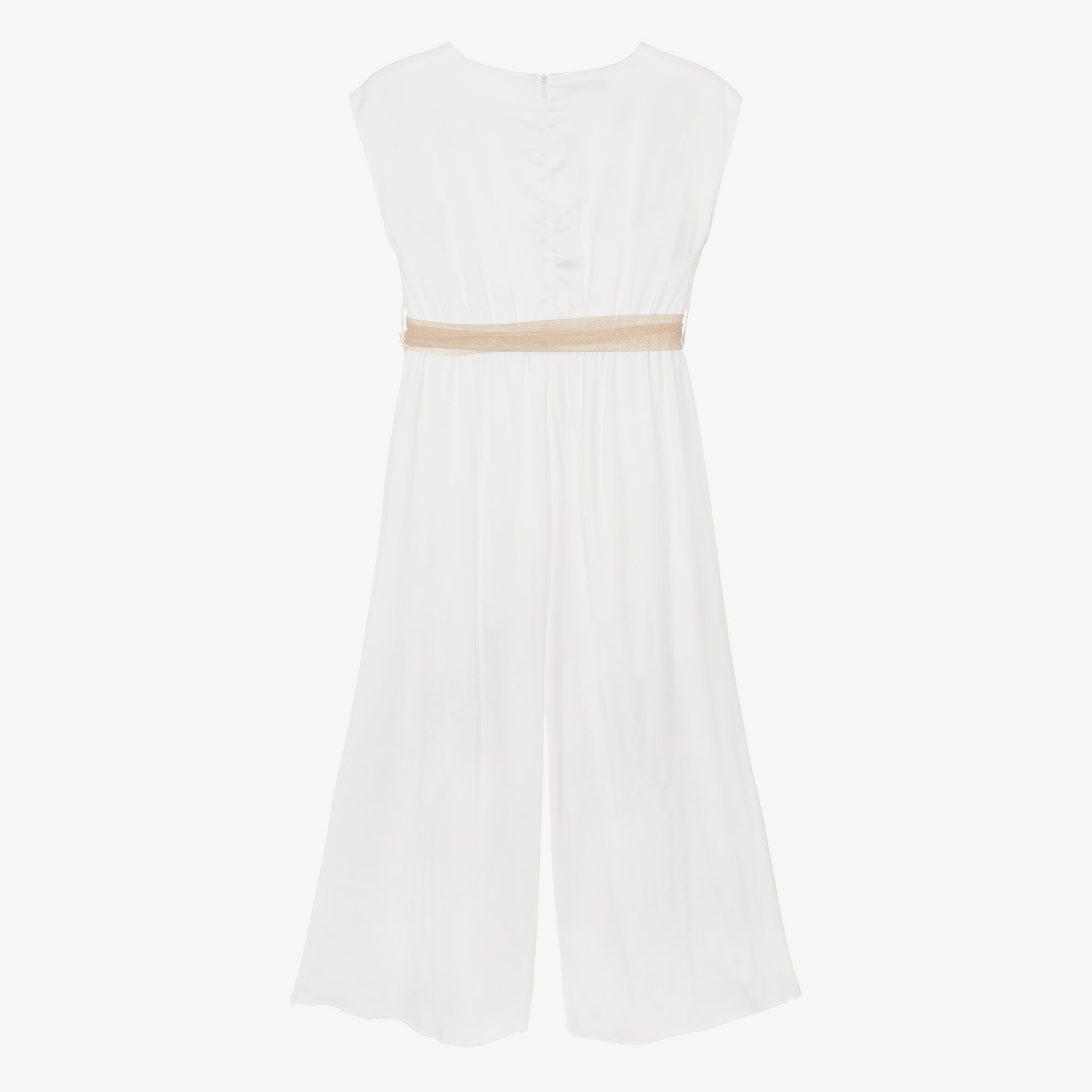 Girls White Satin Jumpsuit with Gold Tulle Sash Belt - View 3