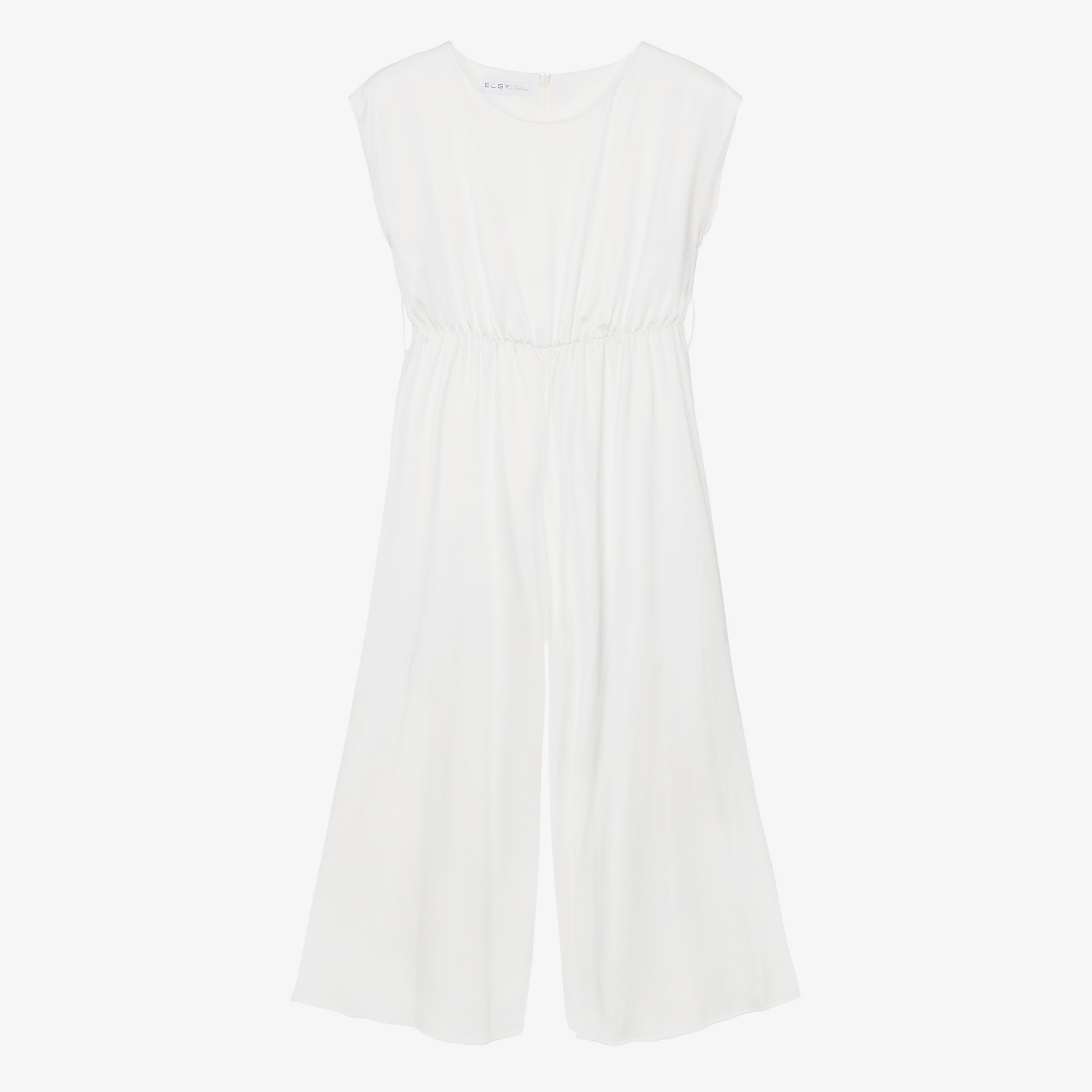 Girls White Satin Jumpsuit with Gold Tulle Sash Belt - View 4