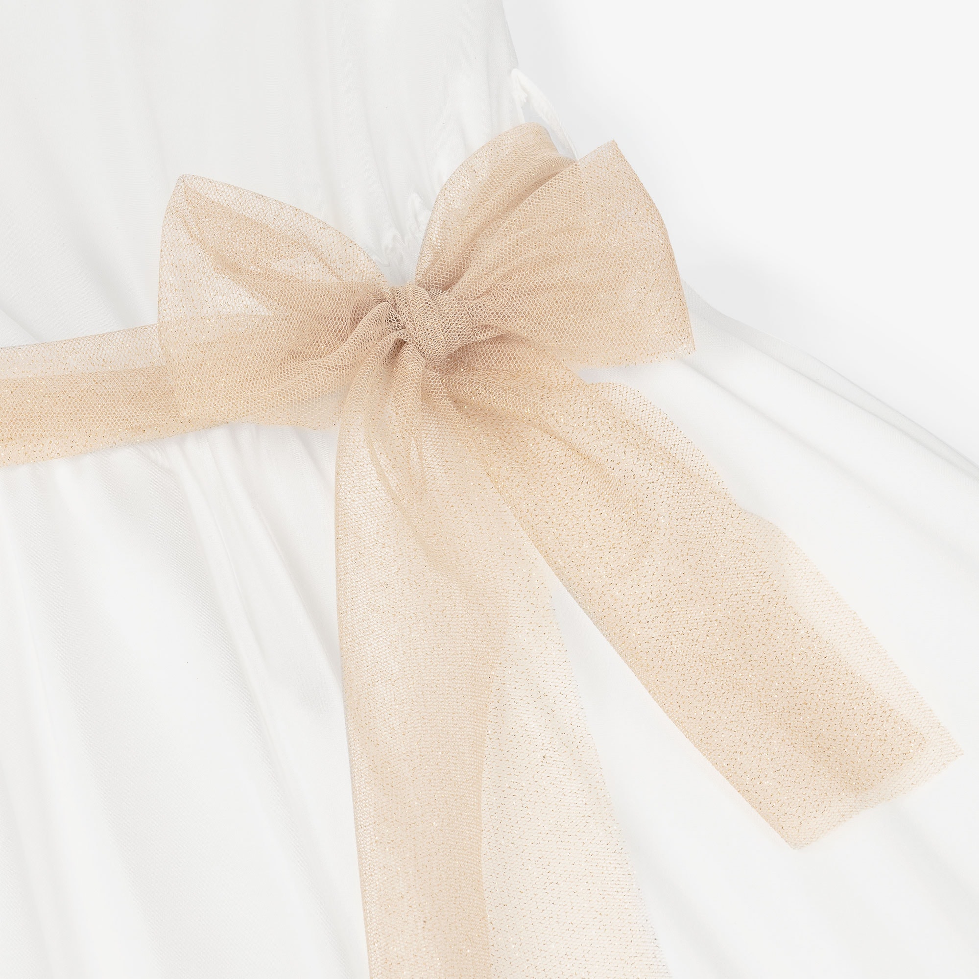 Girls White Satin Jumpsuit with Gold Tulle Sash Belt - View 6