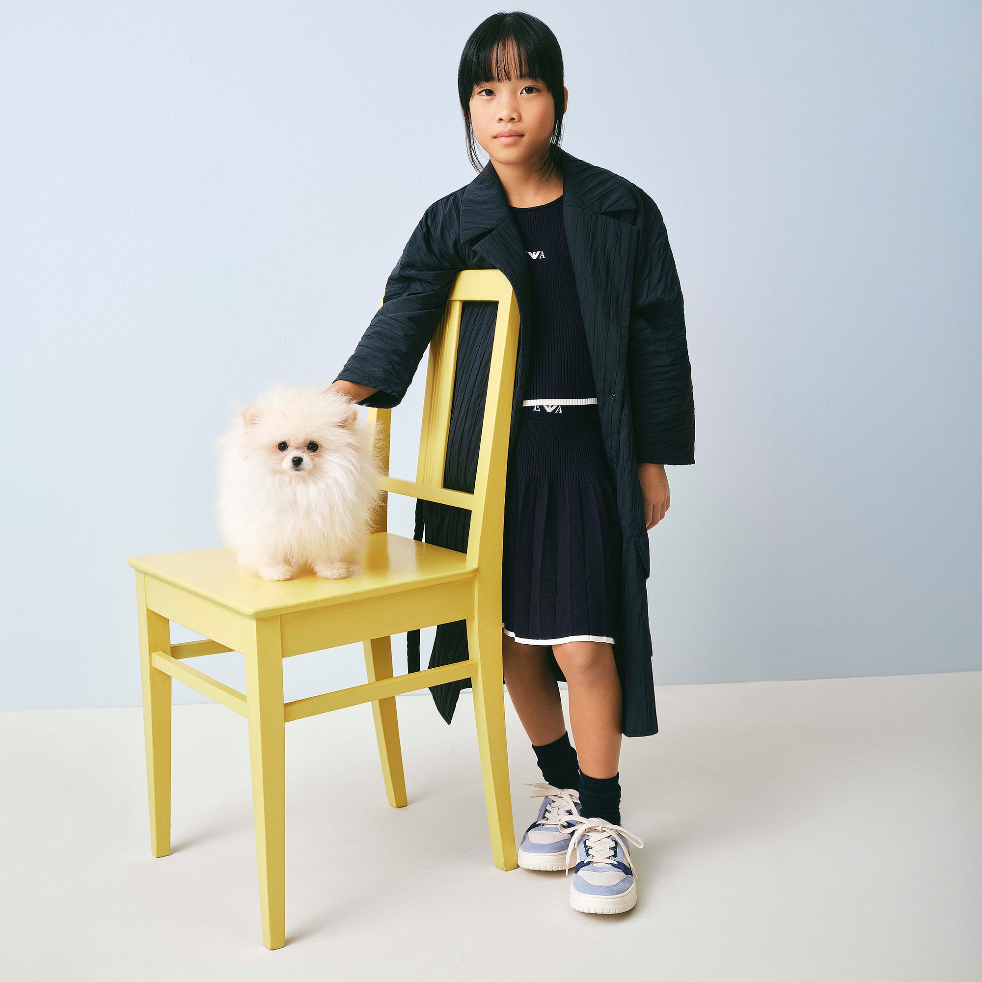 Girls Navy Blue Ribbed Knit Pleated Skirt Set - View 2