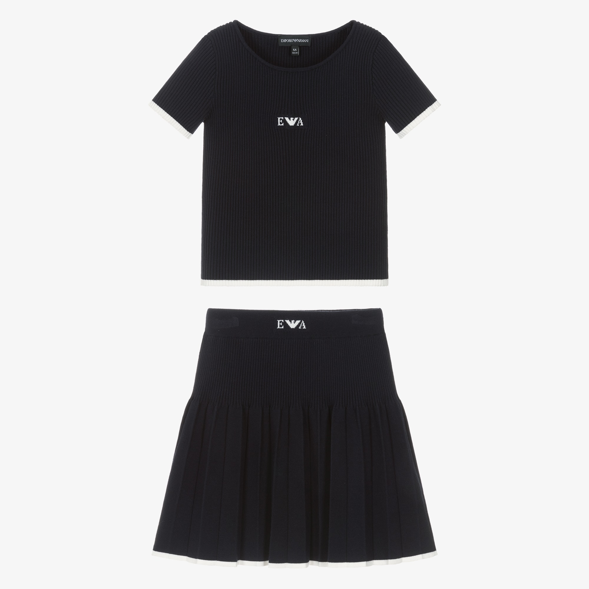 Girls Navy Blue Ribbed Knit Pleated Skirt Set - View 3