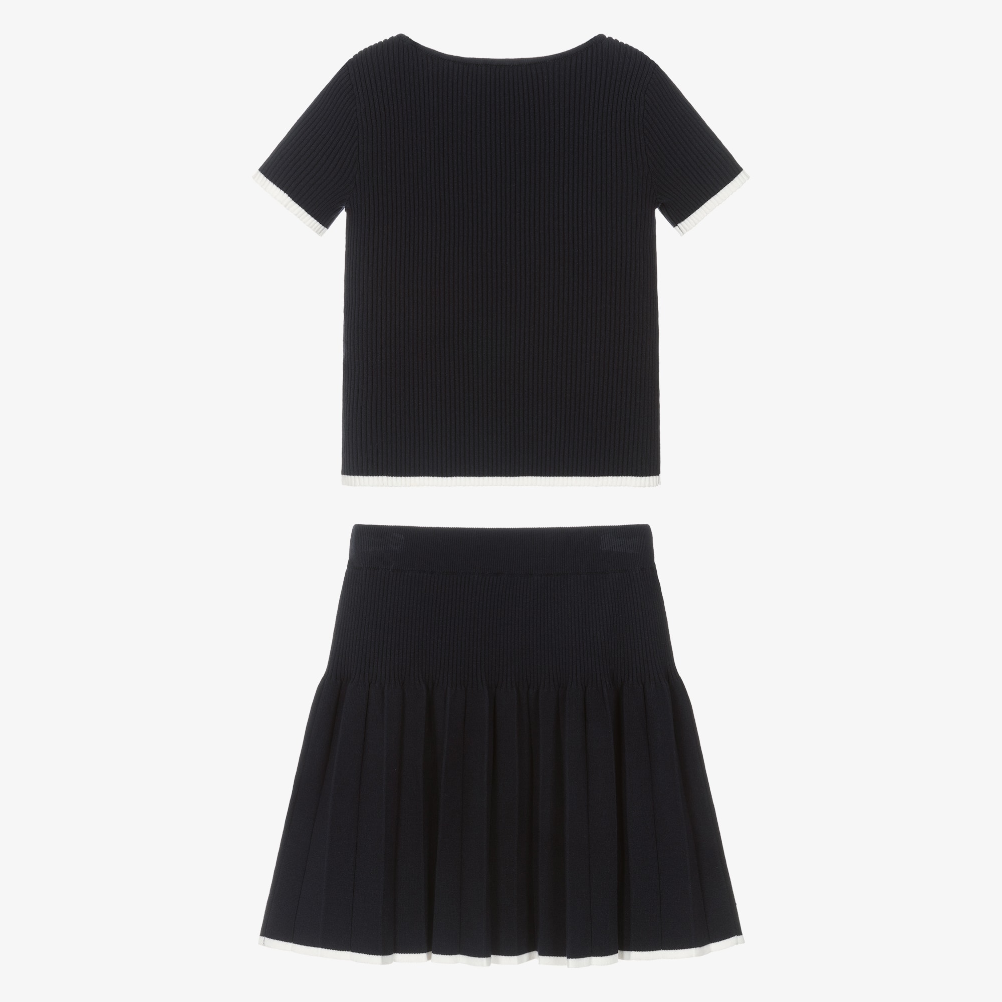 Girls Navy Blue Ribbed Knit Pleated Skirt Set - View 4