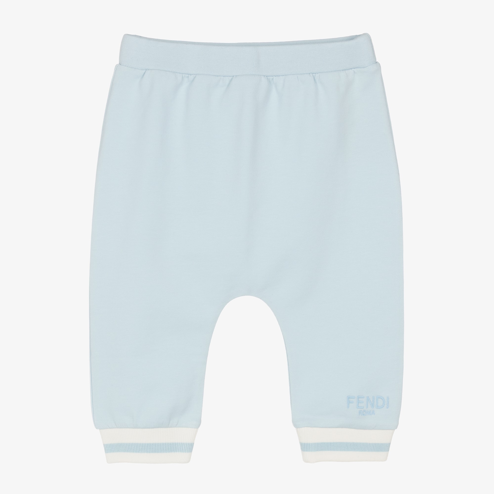 Baby Boys Pale Blue Cotton Joggers with Striped Cuffs - View 1