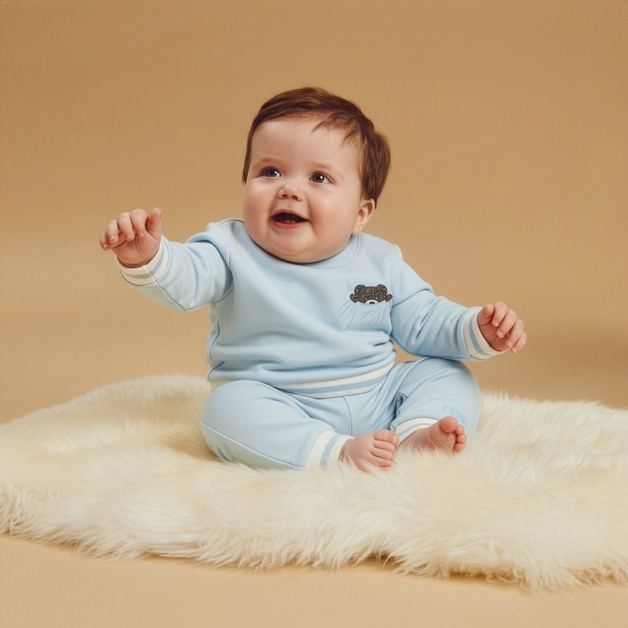 Baby Boys Pale Blue Cotton Joggers with Striped Cuffs - View 2