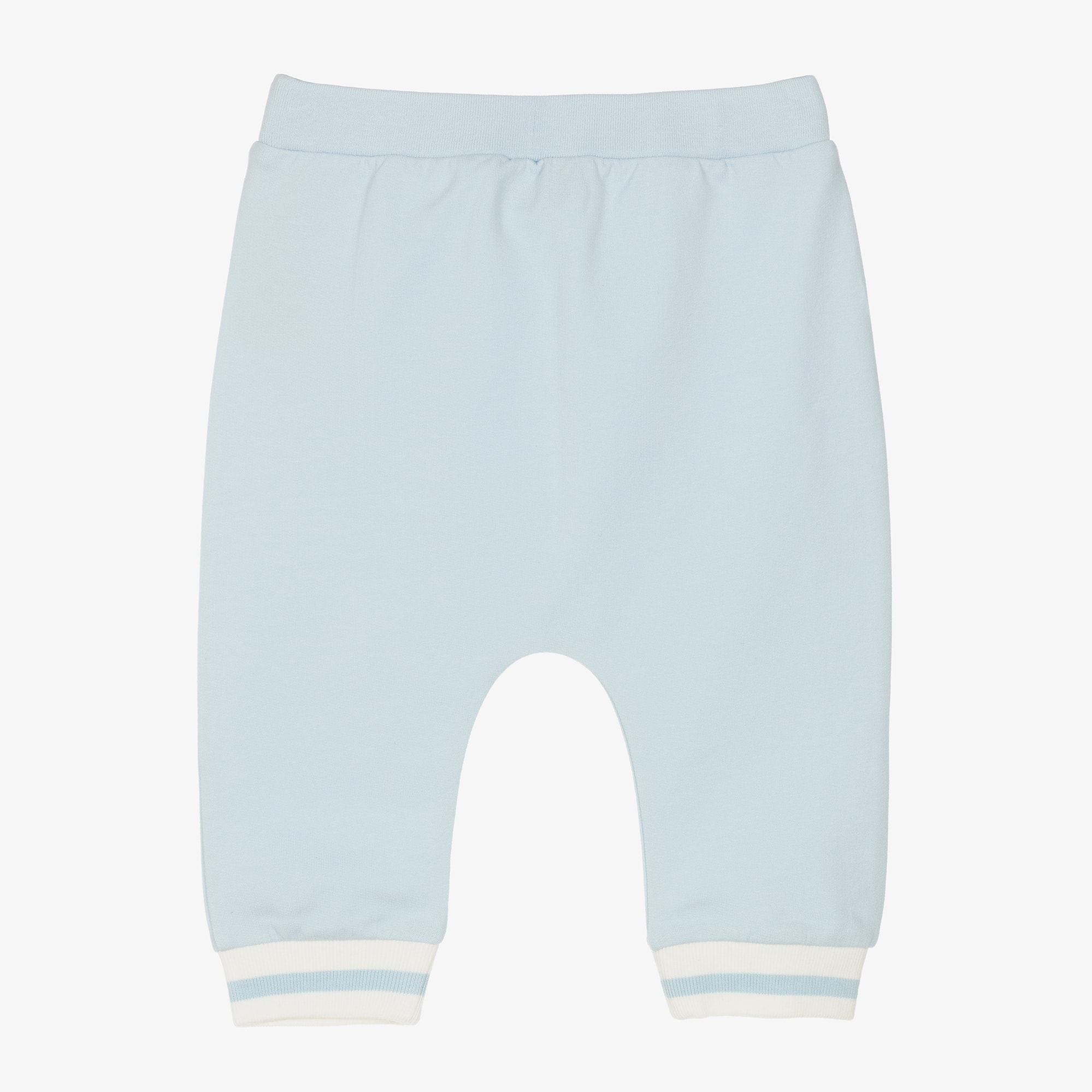 Baby Boys Pale Blue Cotton Joggers with Striped Cuffs - View 3