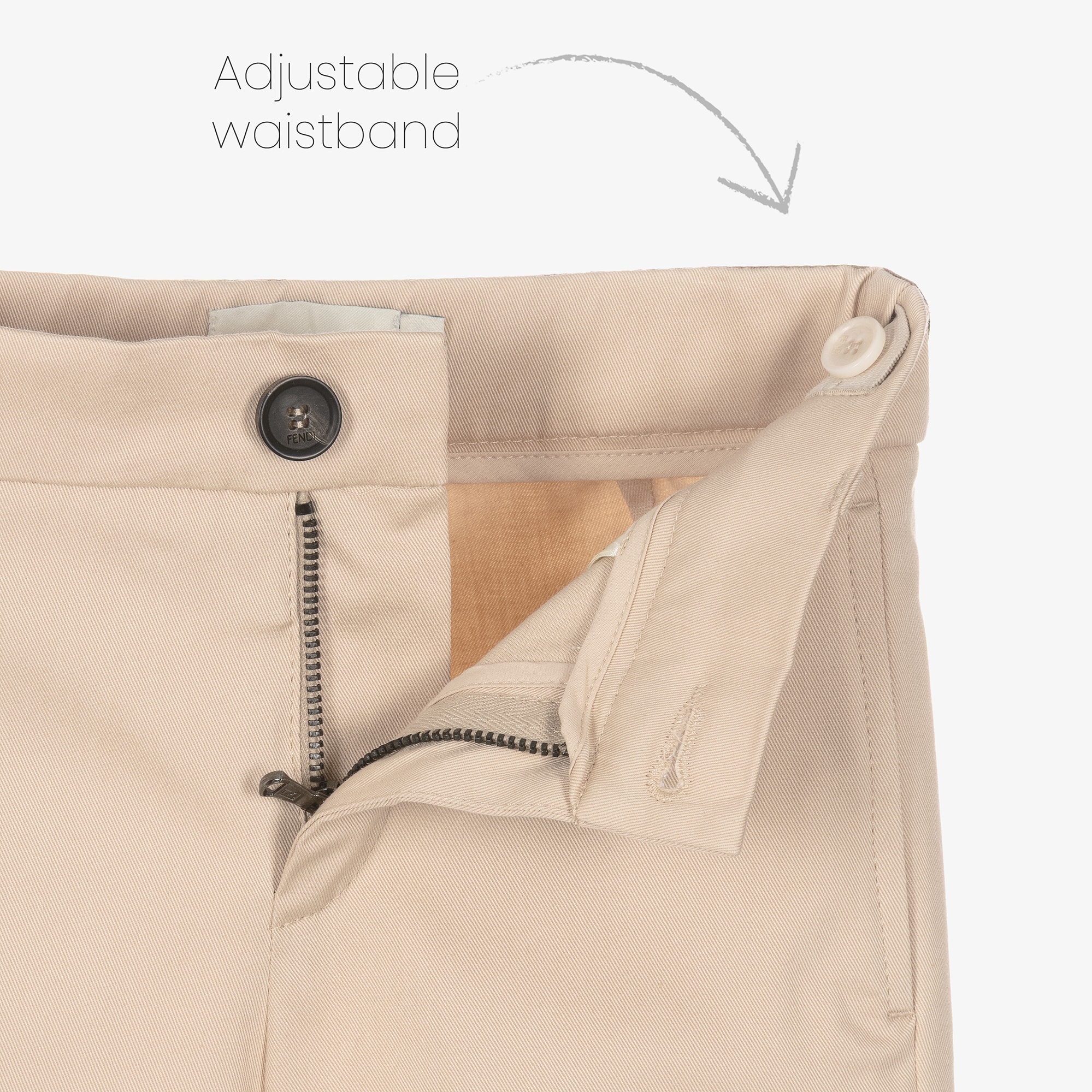 Boys Beige Cotton Trousers with FF Logo Waistband - View 3
