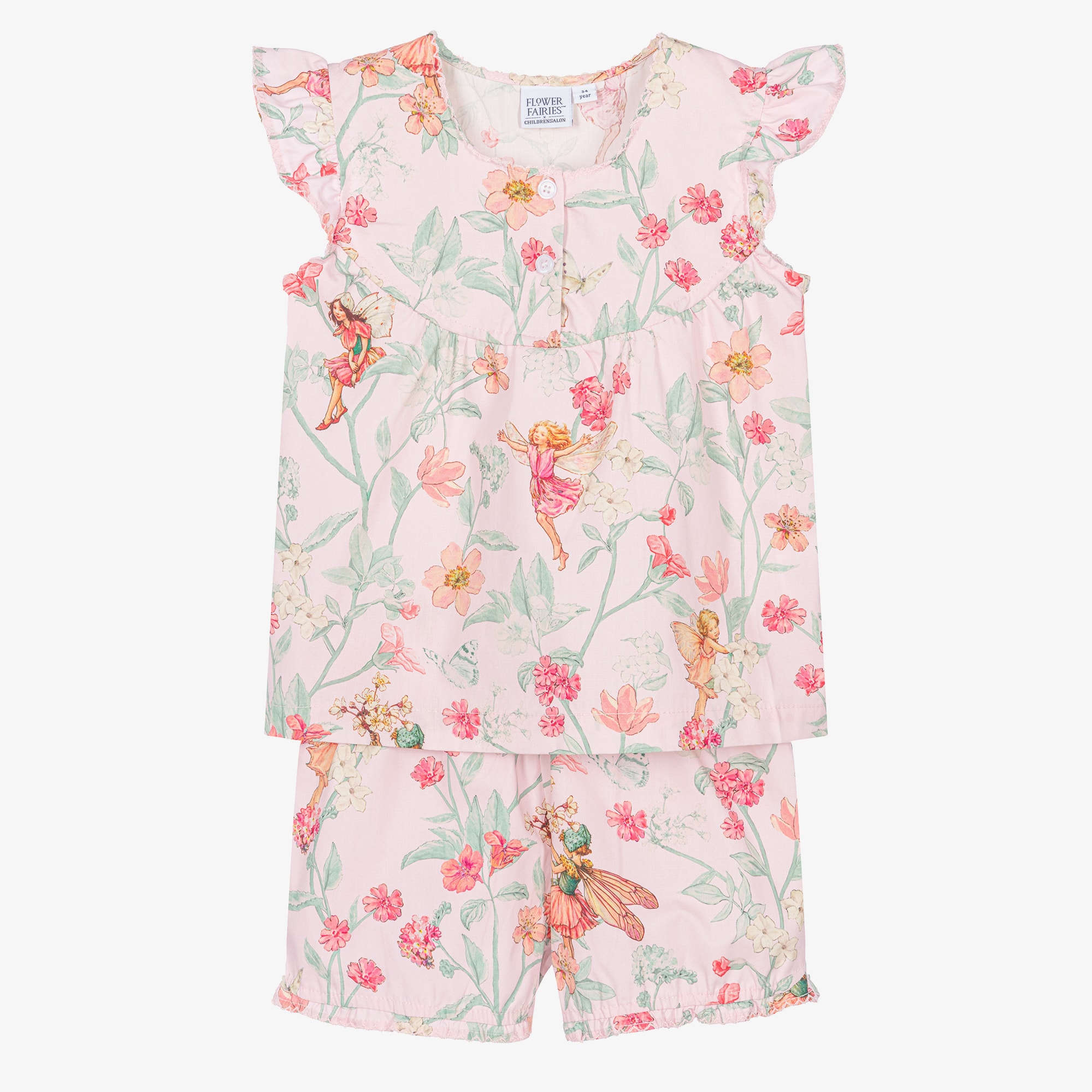 Girls Pink Cotton Floral Print Short Pyjamas - View 1