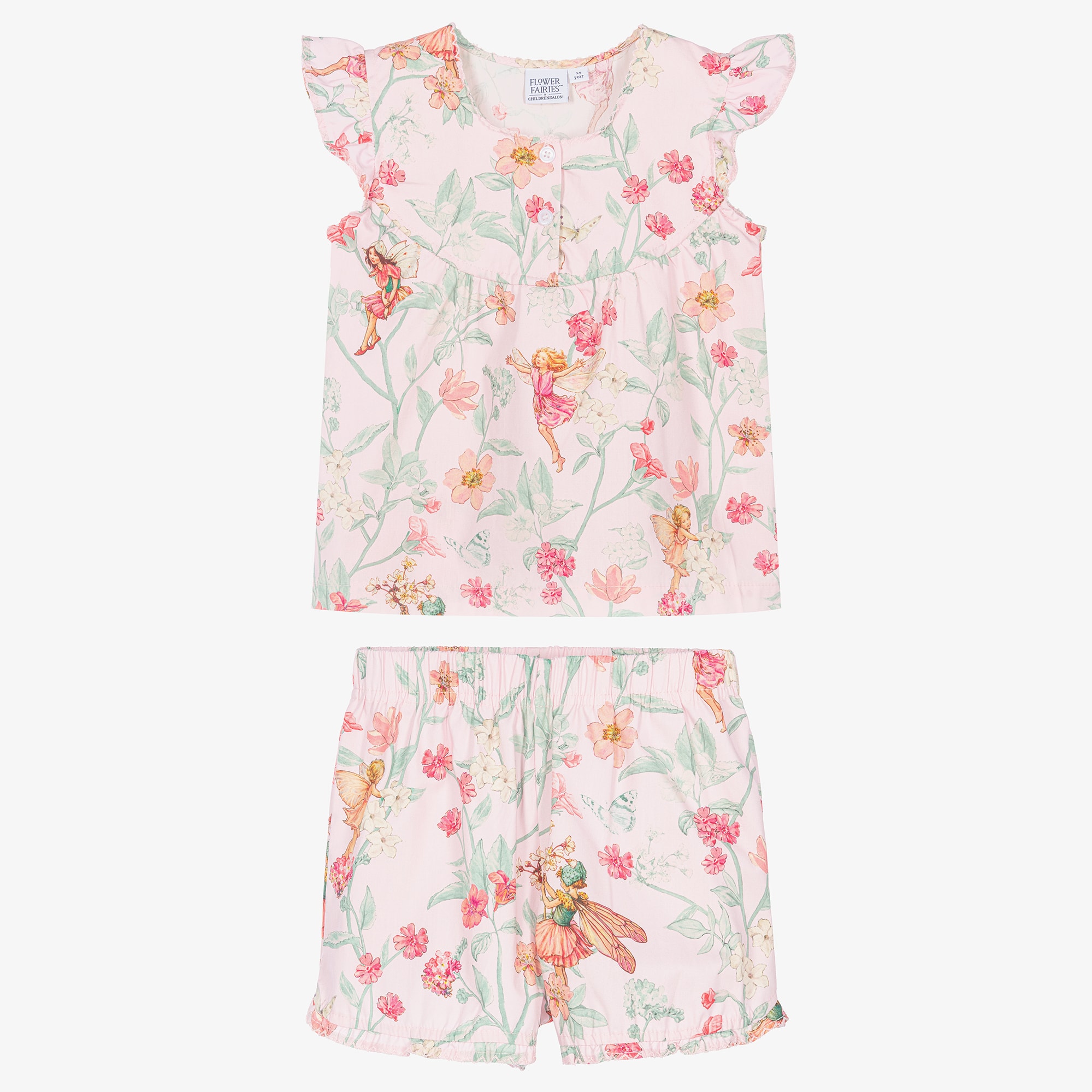 Girls Pink Cotton Floral Print Short Pyjamas - View 2