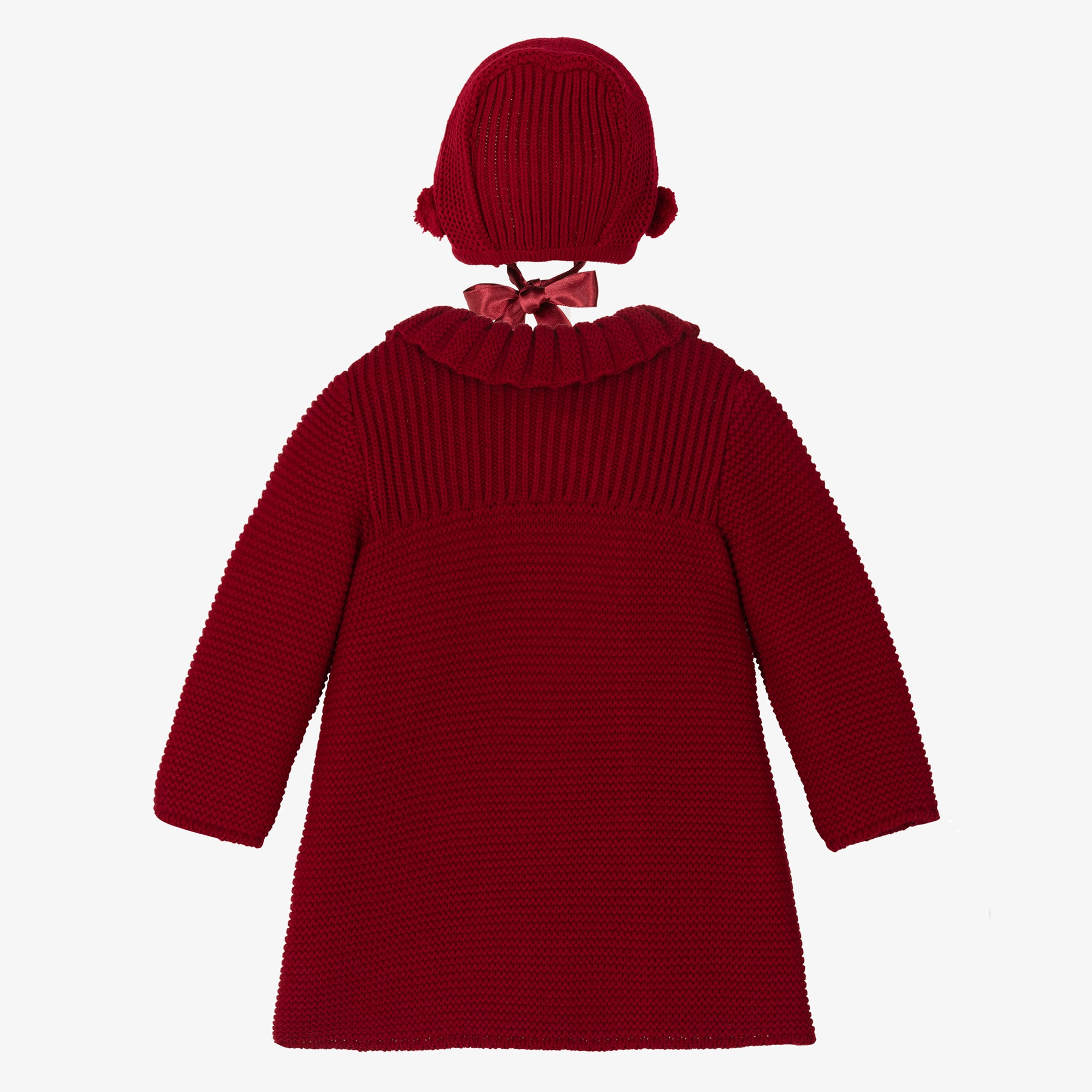 Girls Red Knitted Pram Coat & Bonnet Set - View 2