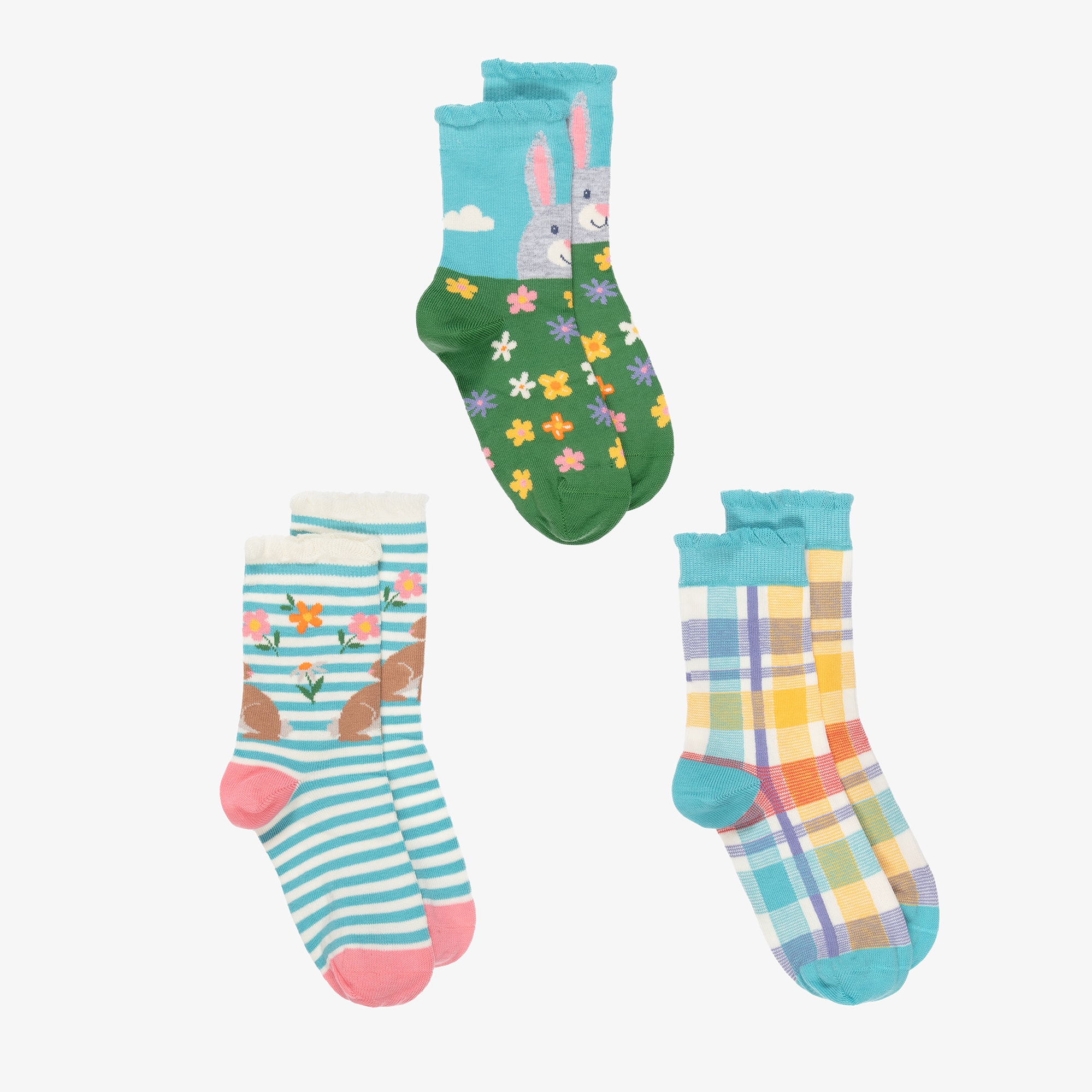 Girls Blue & Green Cotton Ankle Socks (3 Pack) - View 1