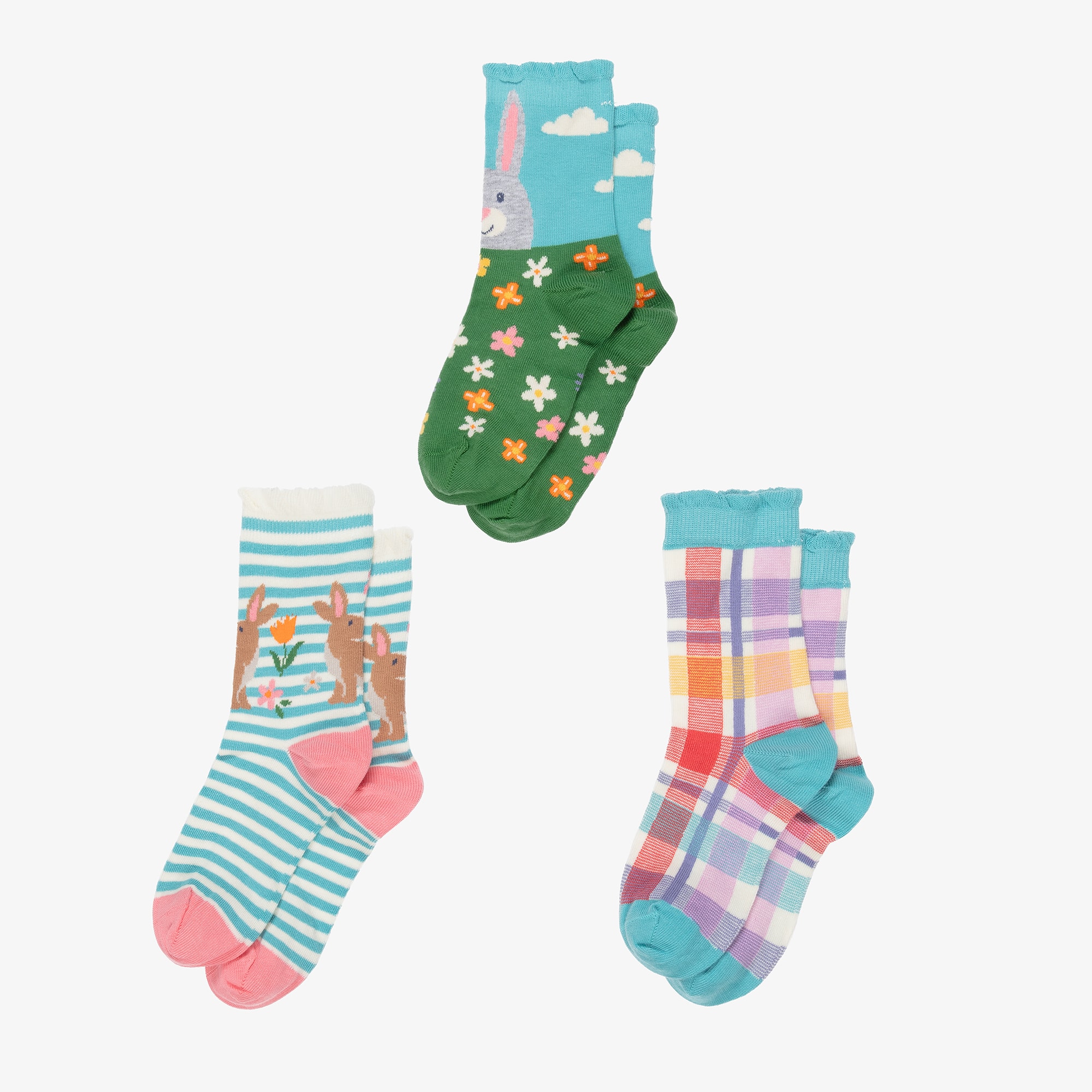 Girls Blue & Green Cotton Ankle Socks (3 Pack) - View 2