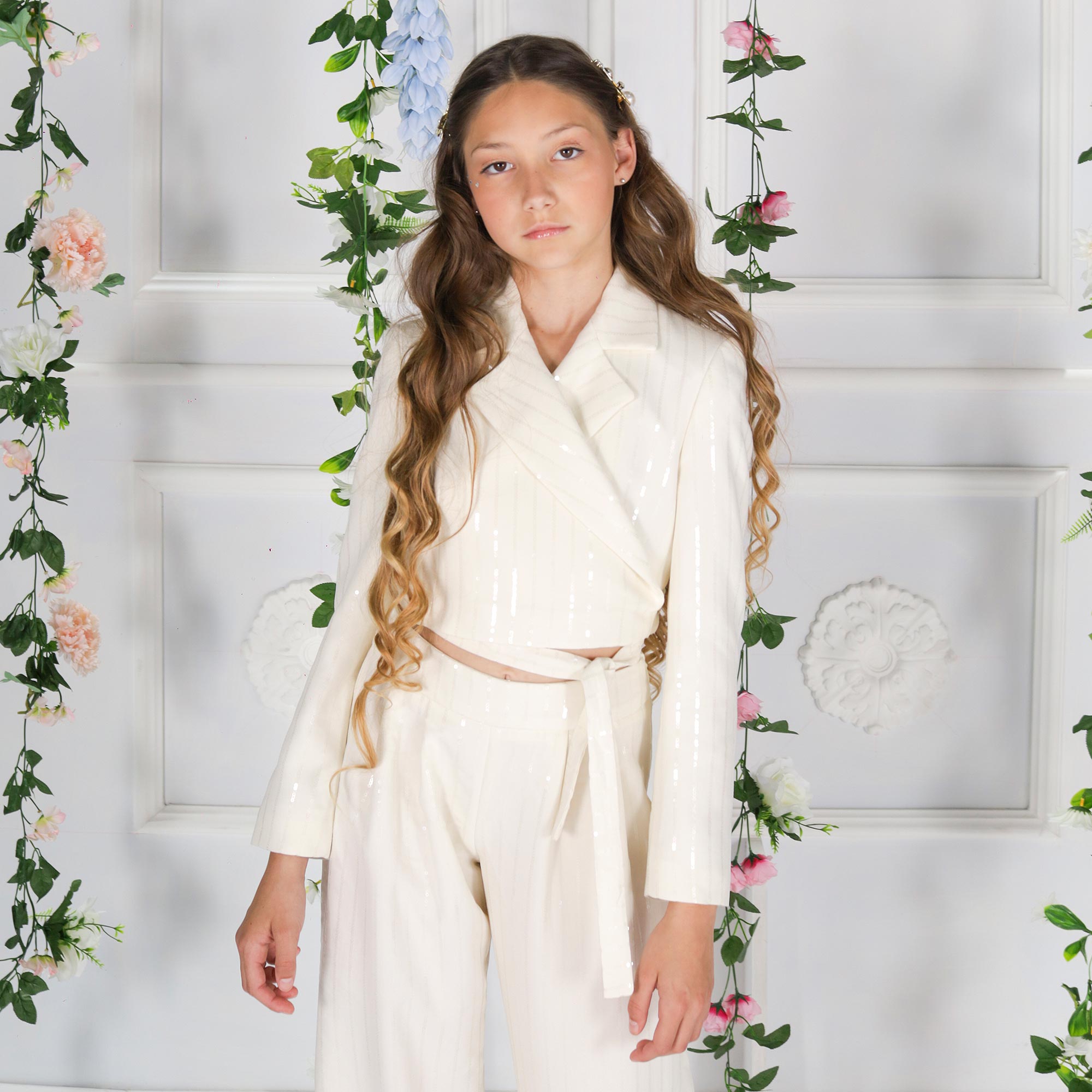 Girls Ivory Sequinned Cropped Blazer with Ties - View 2