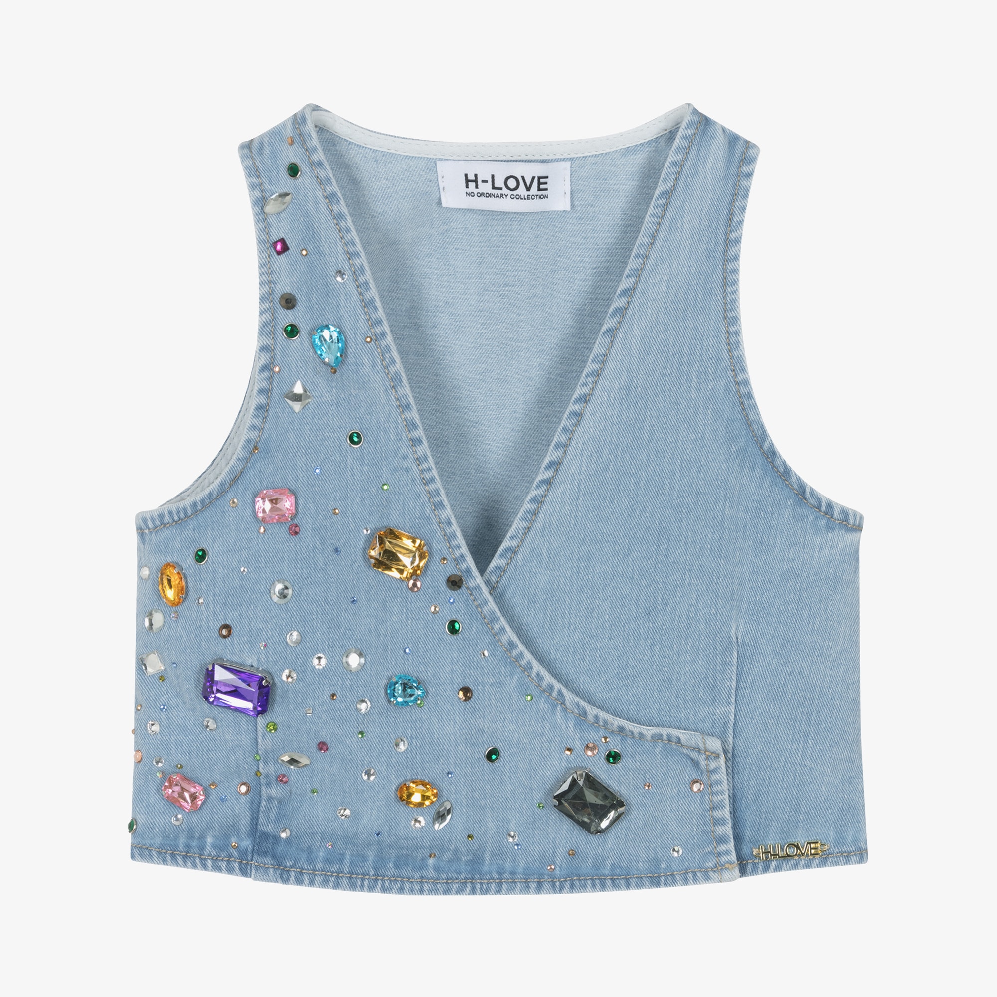 Girls Light Blue Denim Waistcoat with Jewels - View 1