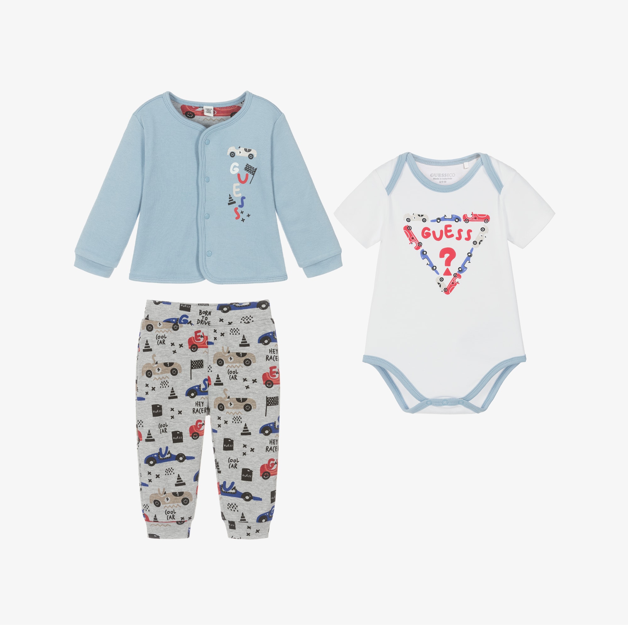 Baby Boys Blue Cotton Racing Car Reversible Tracksuit Set - View 2