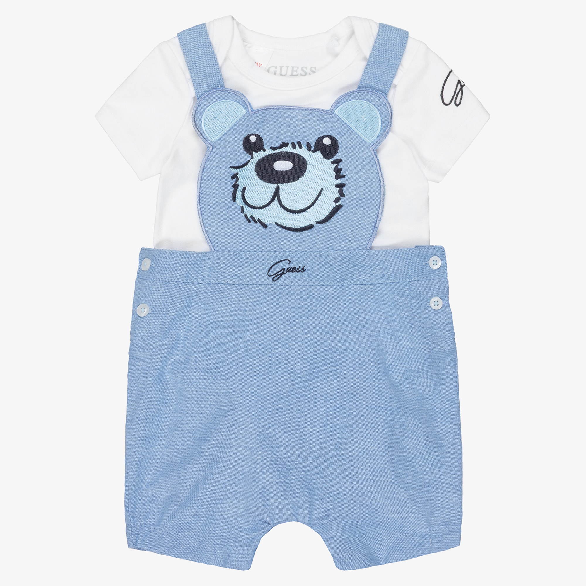 Baby Boys Blue Cotton Teddy Bear Dungaree Set - View 1