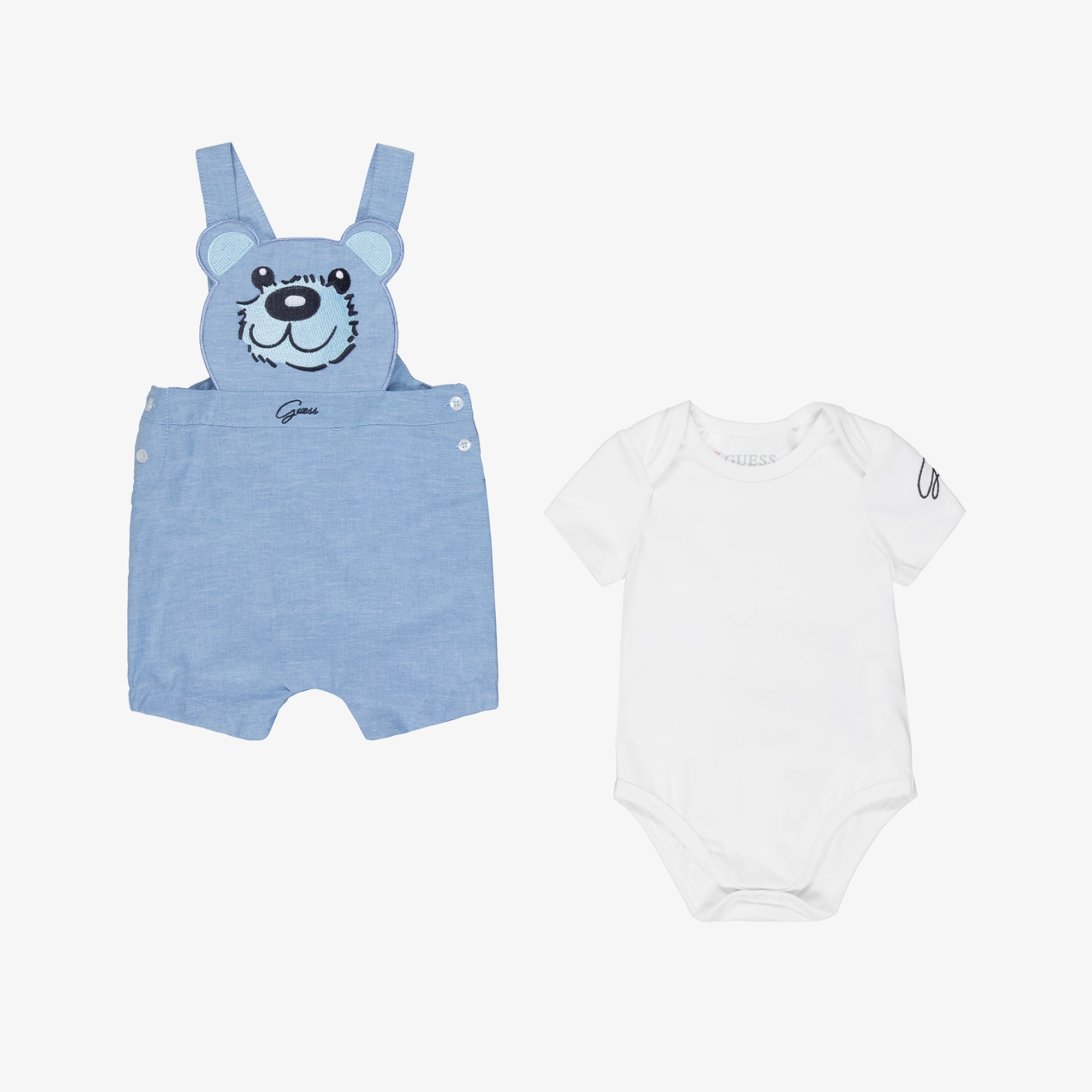 Baby Boys Blue Cotton Teddy Bear Dungaree Set - View 2
