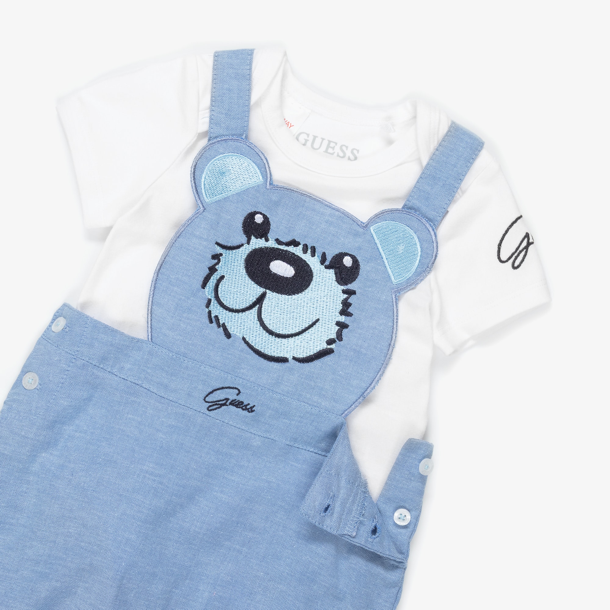 Baby Boys Blue Cotton Teddy Bear Dungaree Set - View 4