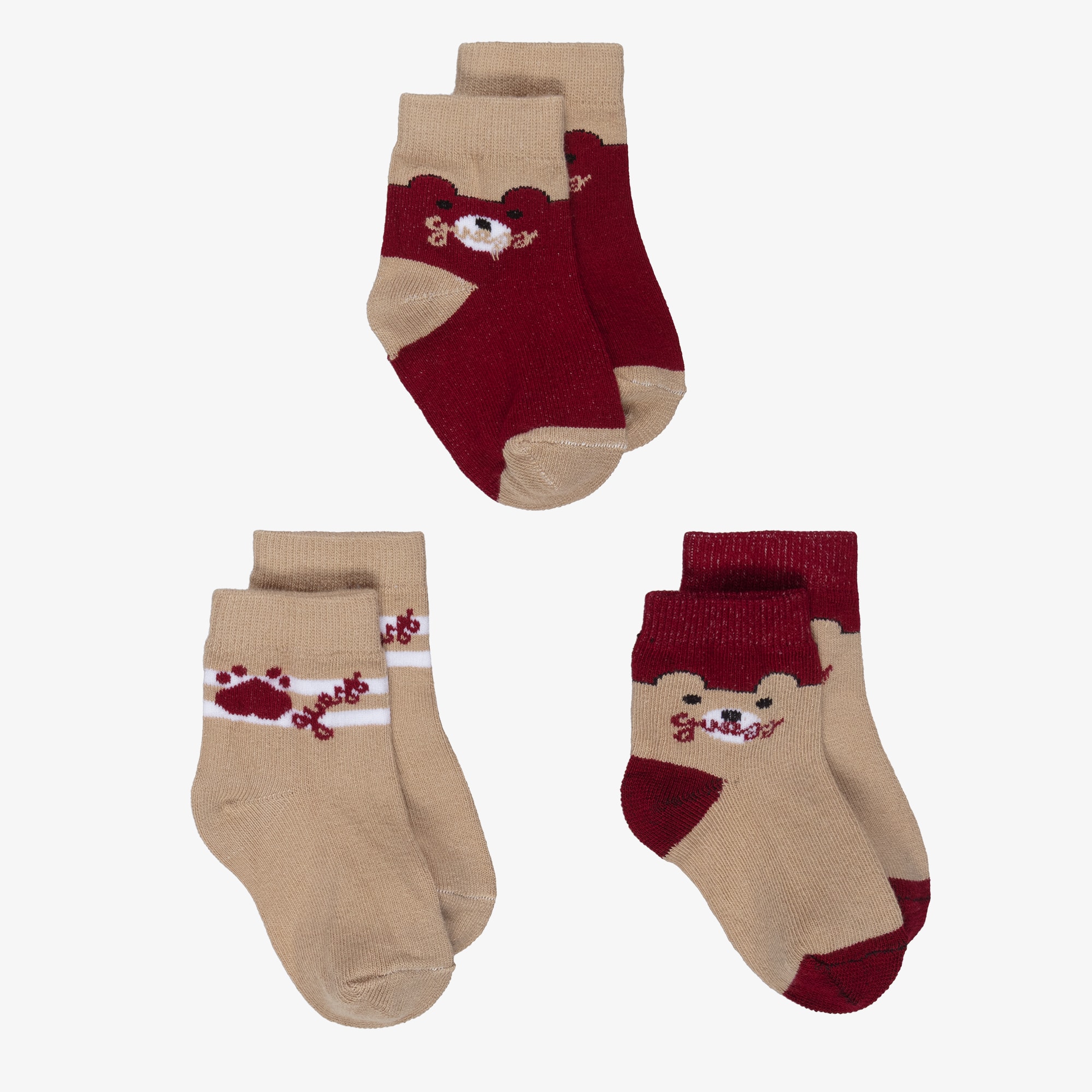 Beige & Burgundy Bear Cotton Socks (3 Pack) - View 1