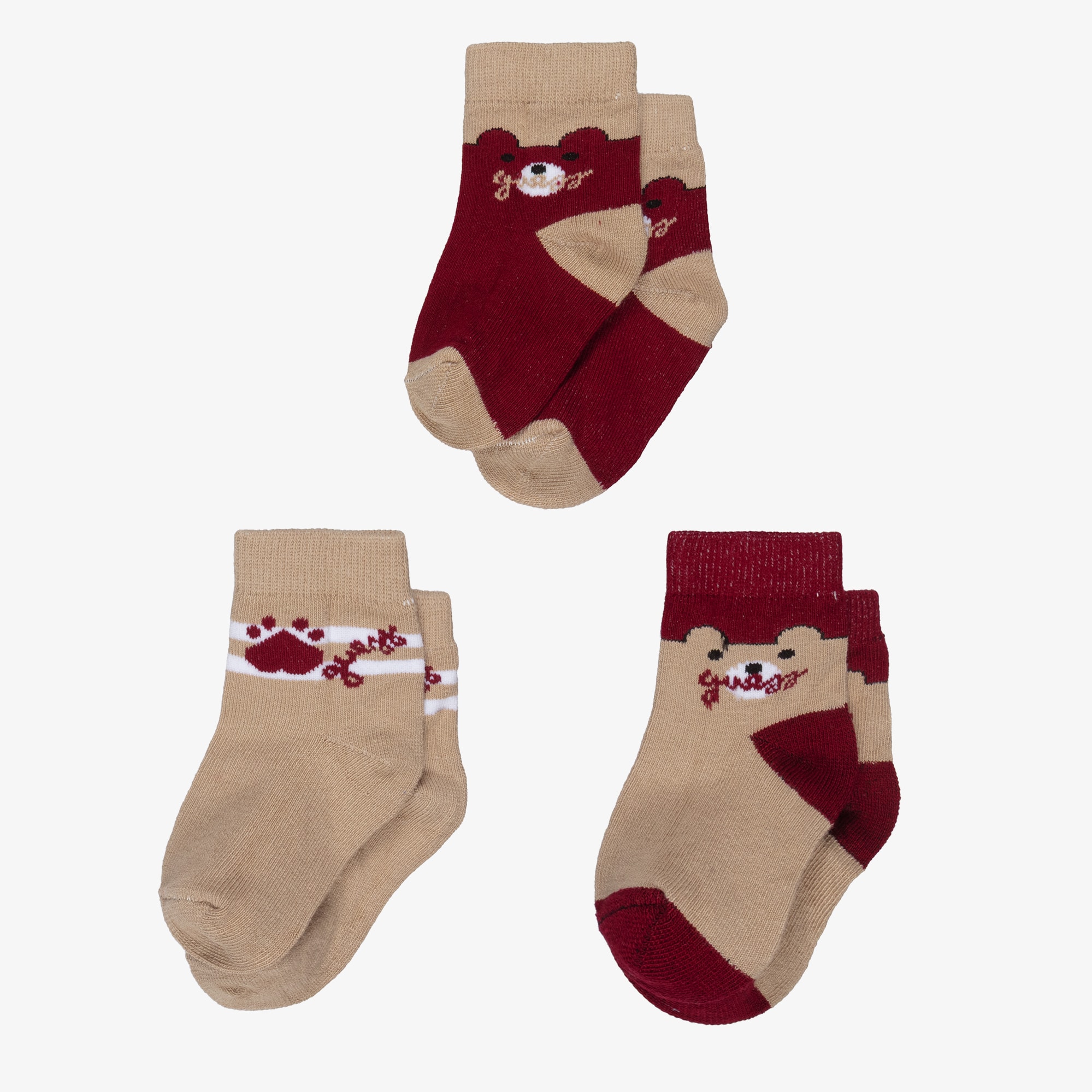 Beige & Burgundy Bear Cotton Socks (3 Pack) - View 2