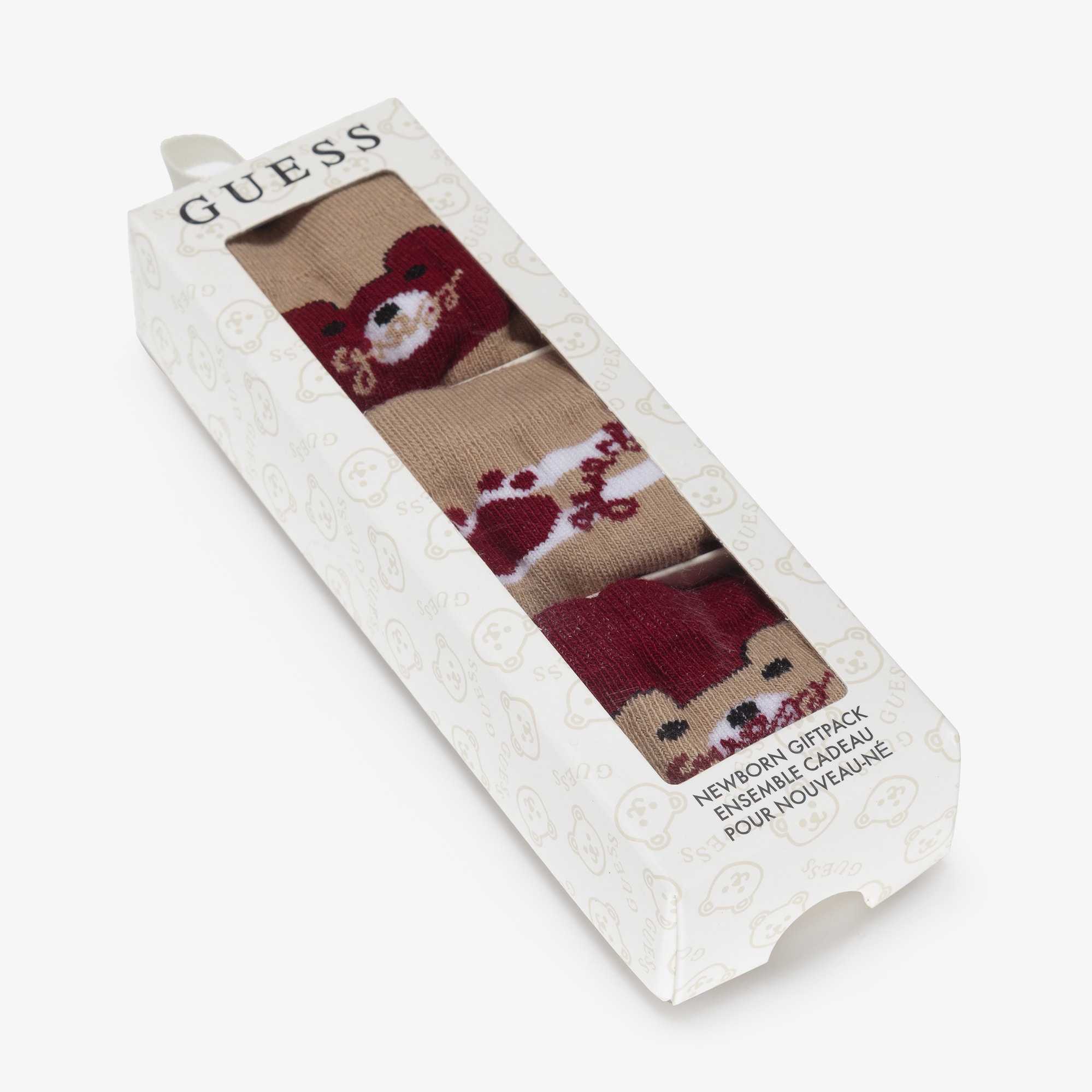 Beige & Burgundy Bear Cotton Socks (3 Pack) - View 3