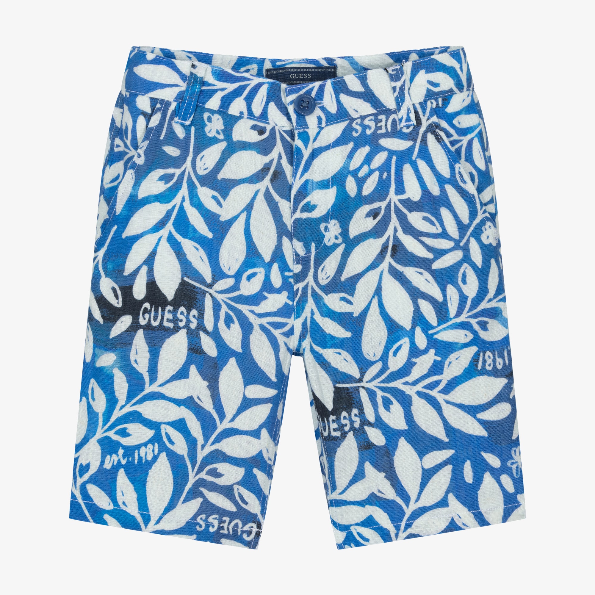 Boys Blue & White Botanical Print Shorts - View 1