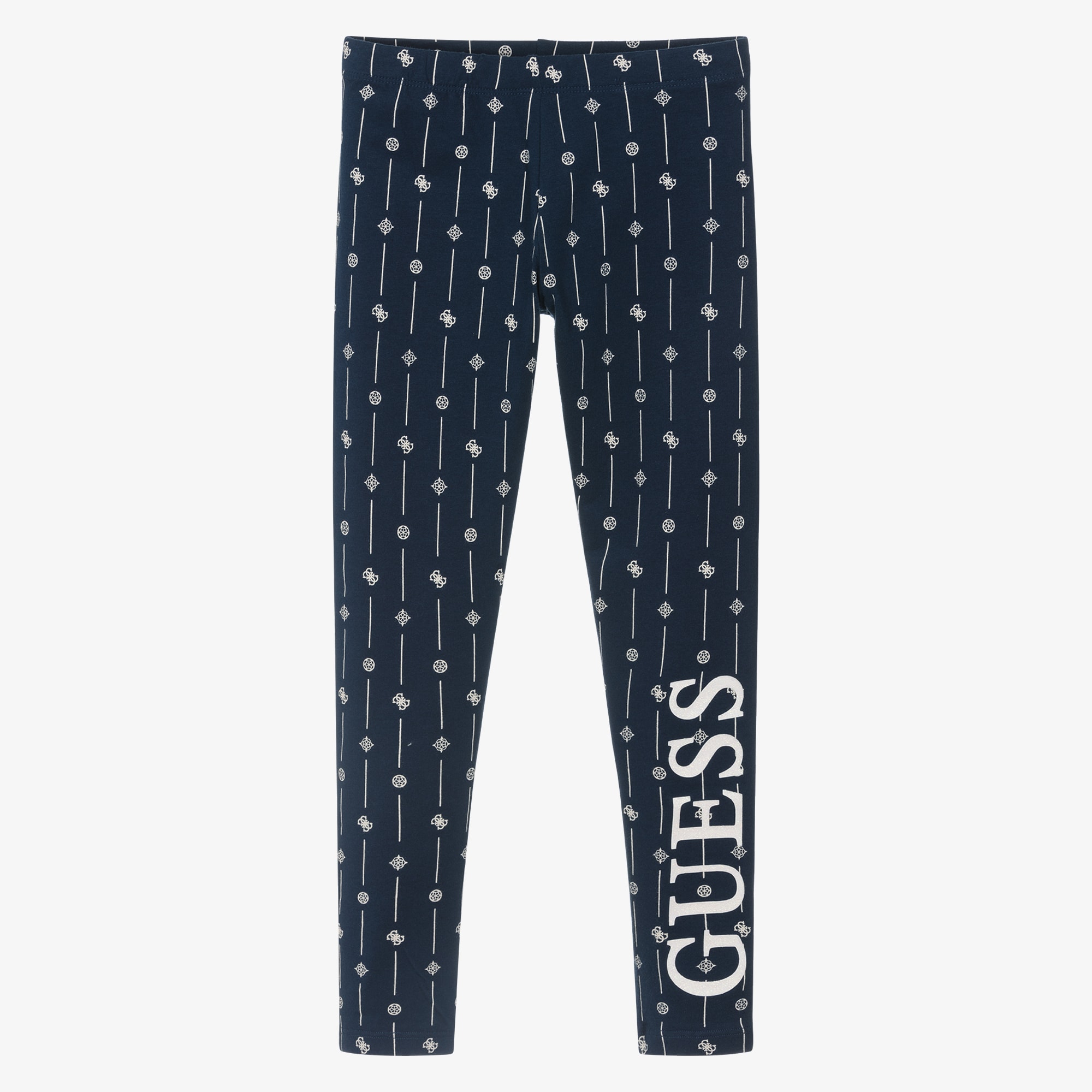 Girls Navy Blue Logo Pattern Cotton Leggings - View 1
