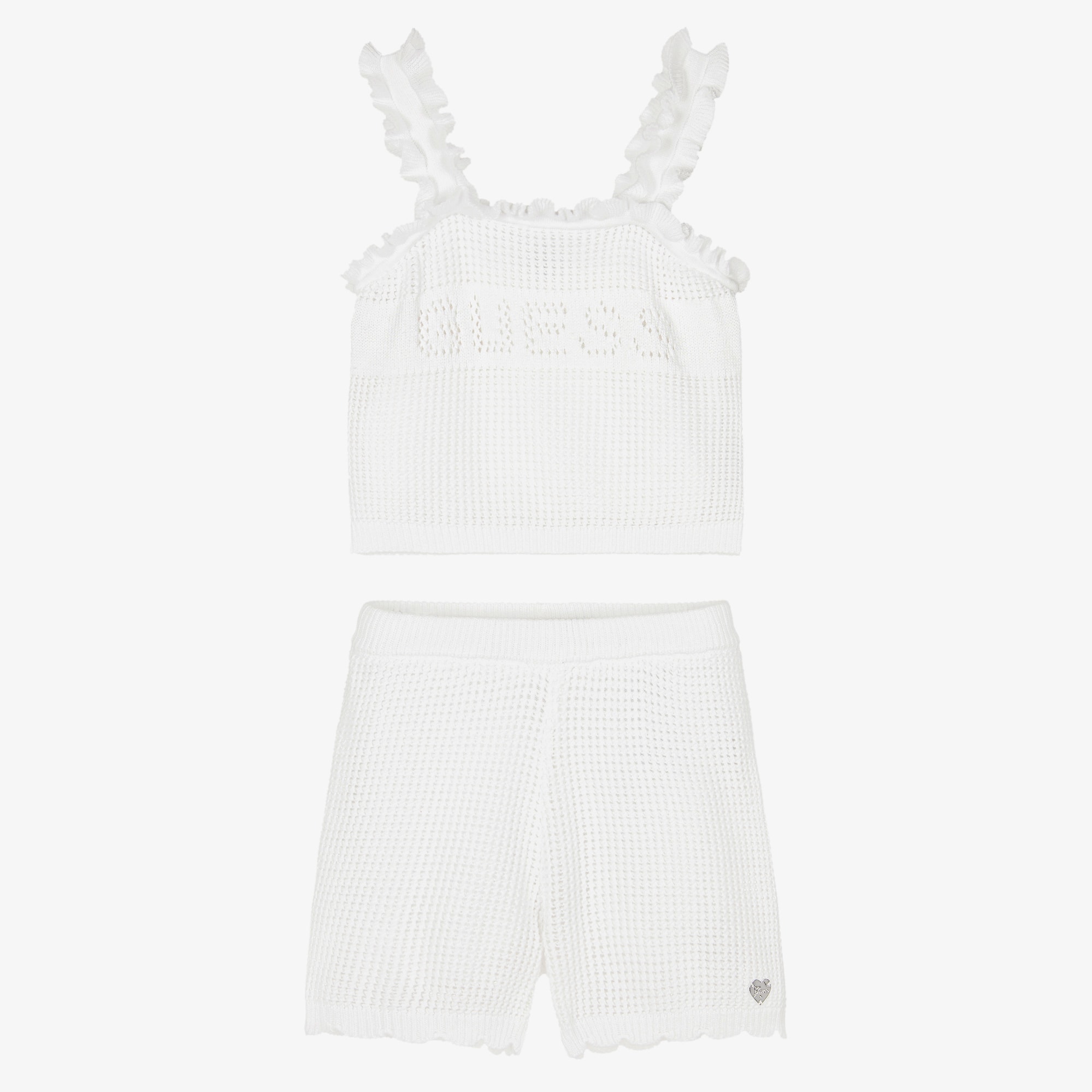 Girls White Knitted Cotton Logo Shorts Set - View 1