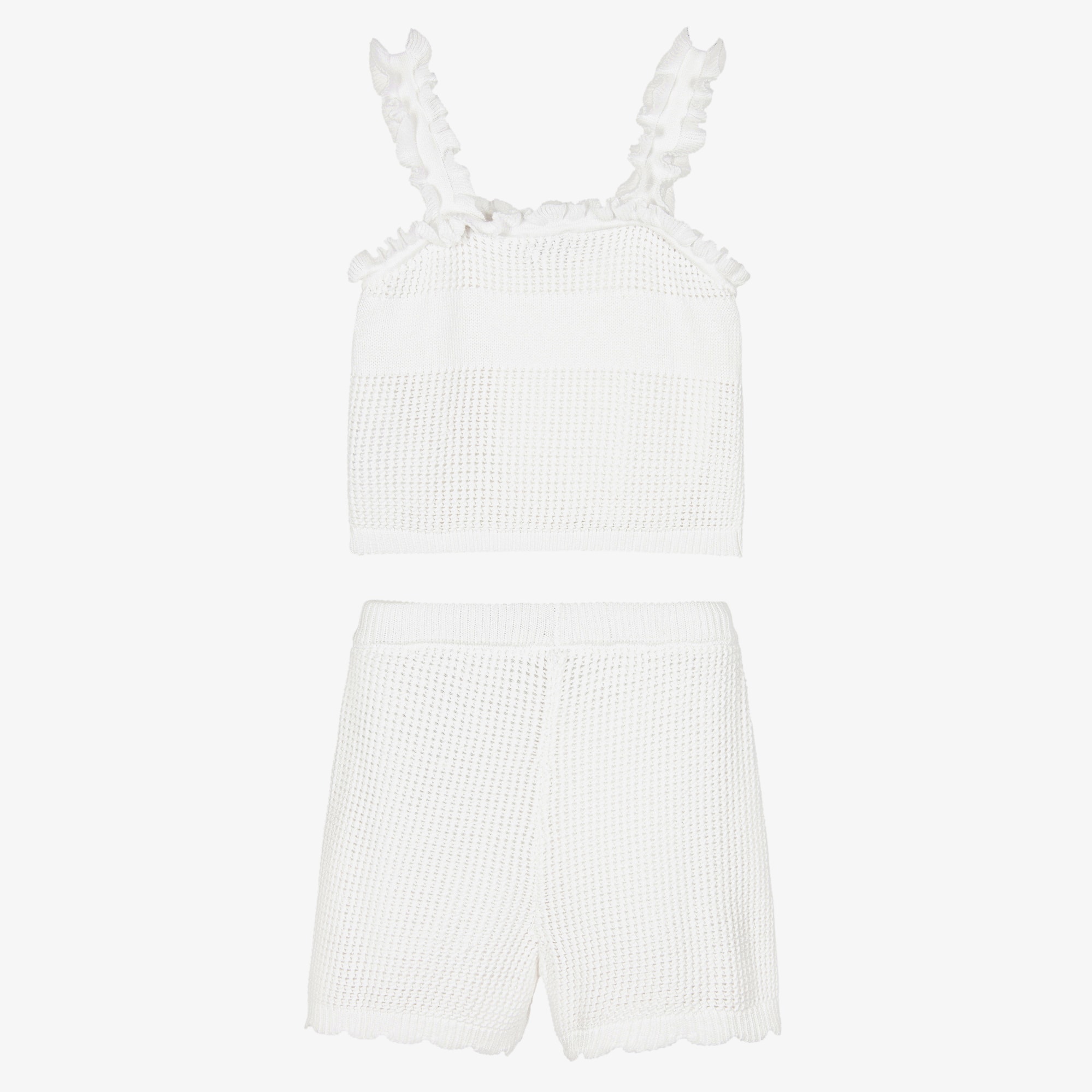 Girls White Knitted Cotton Logo Shorts Set - View 2