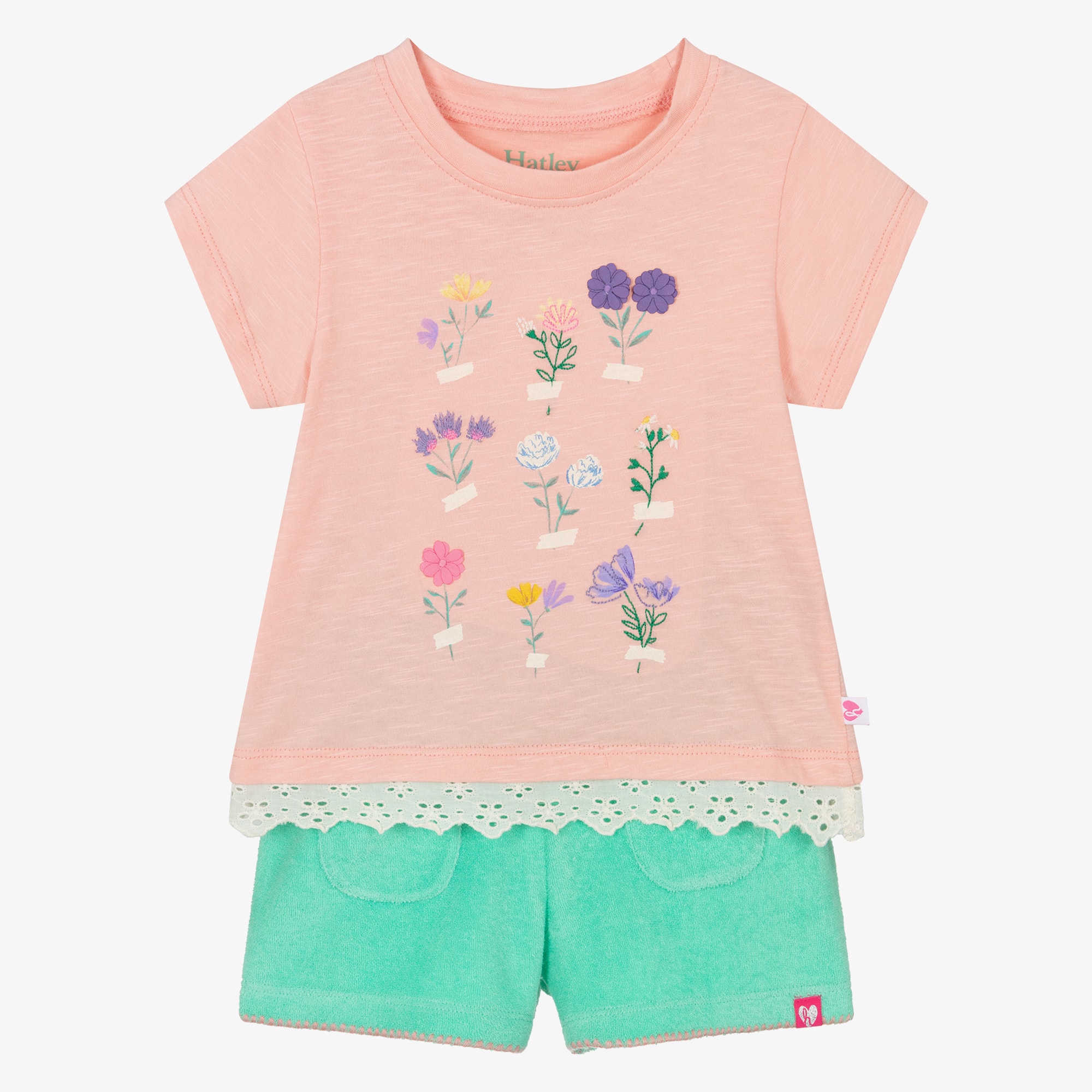 Girls Pink Jersey Top & Green Towelling Shorts Set - View 1