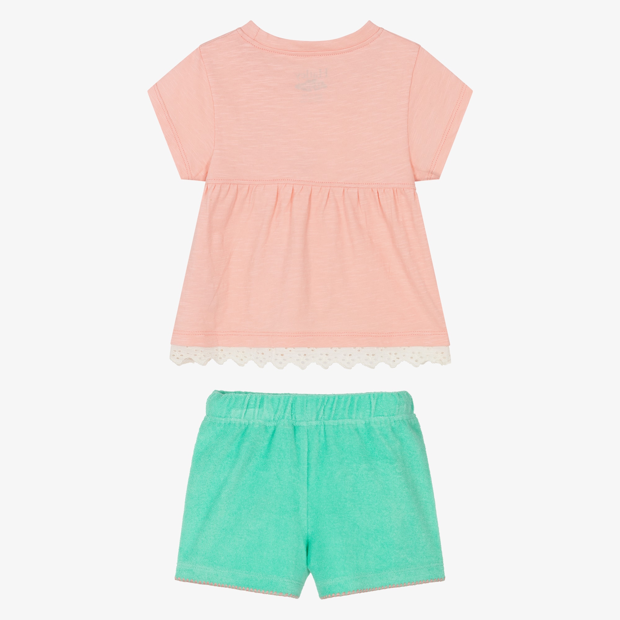 Girls Pink Jersey Top & Green Towelling Shorts Set - View 3