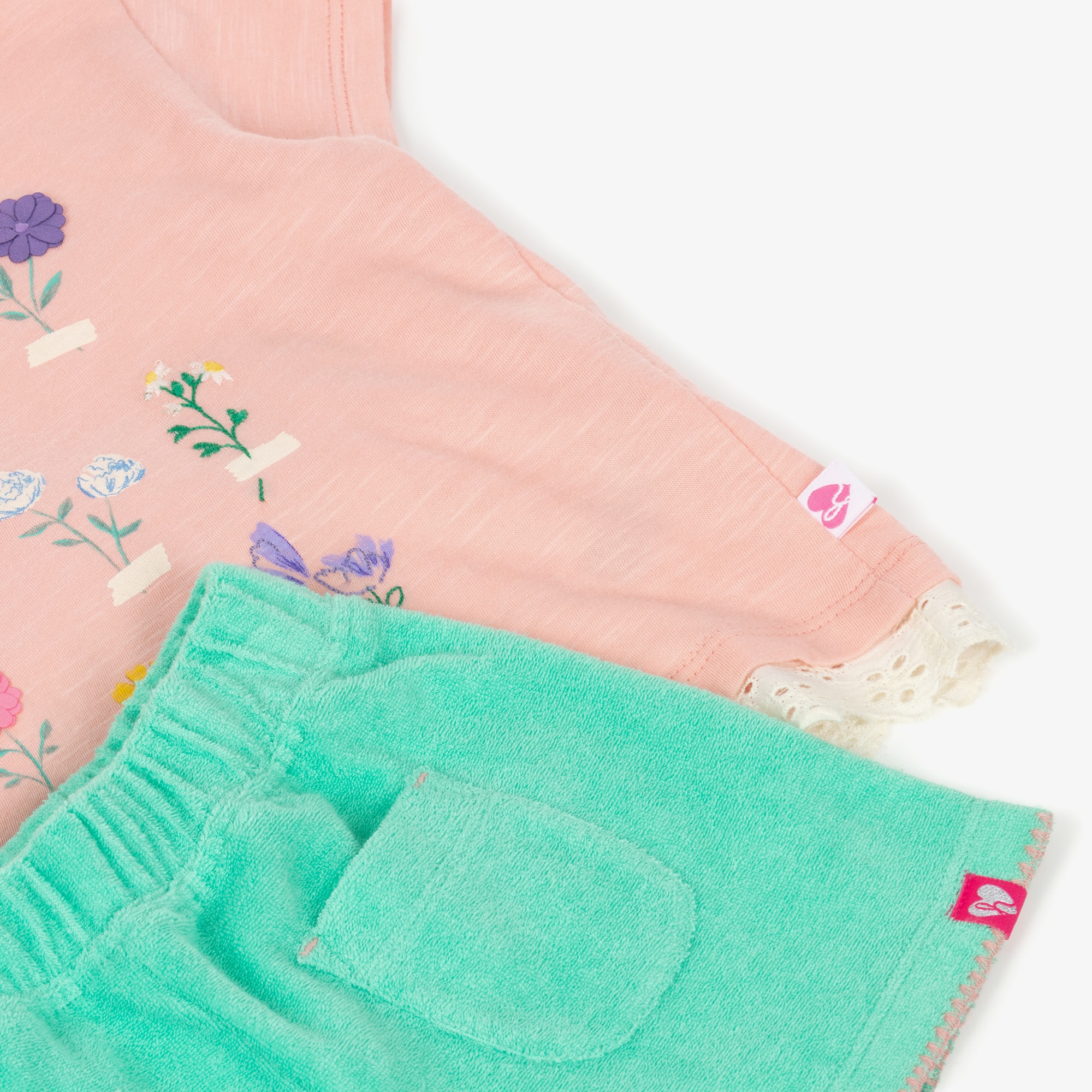 Girls Pink Jersey Top & Green Towelling Shorts Set - View 4