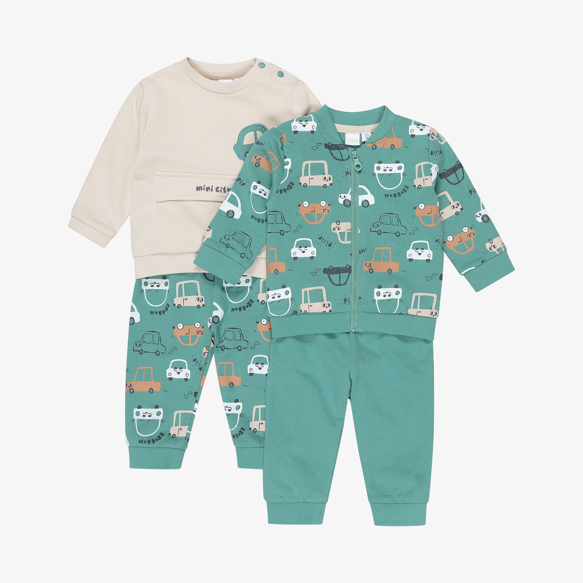 Baby Boys Green & Beige Tracksuits with Car Motifs (2 Pack) - View 1
