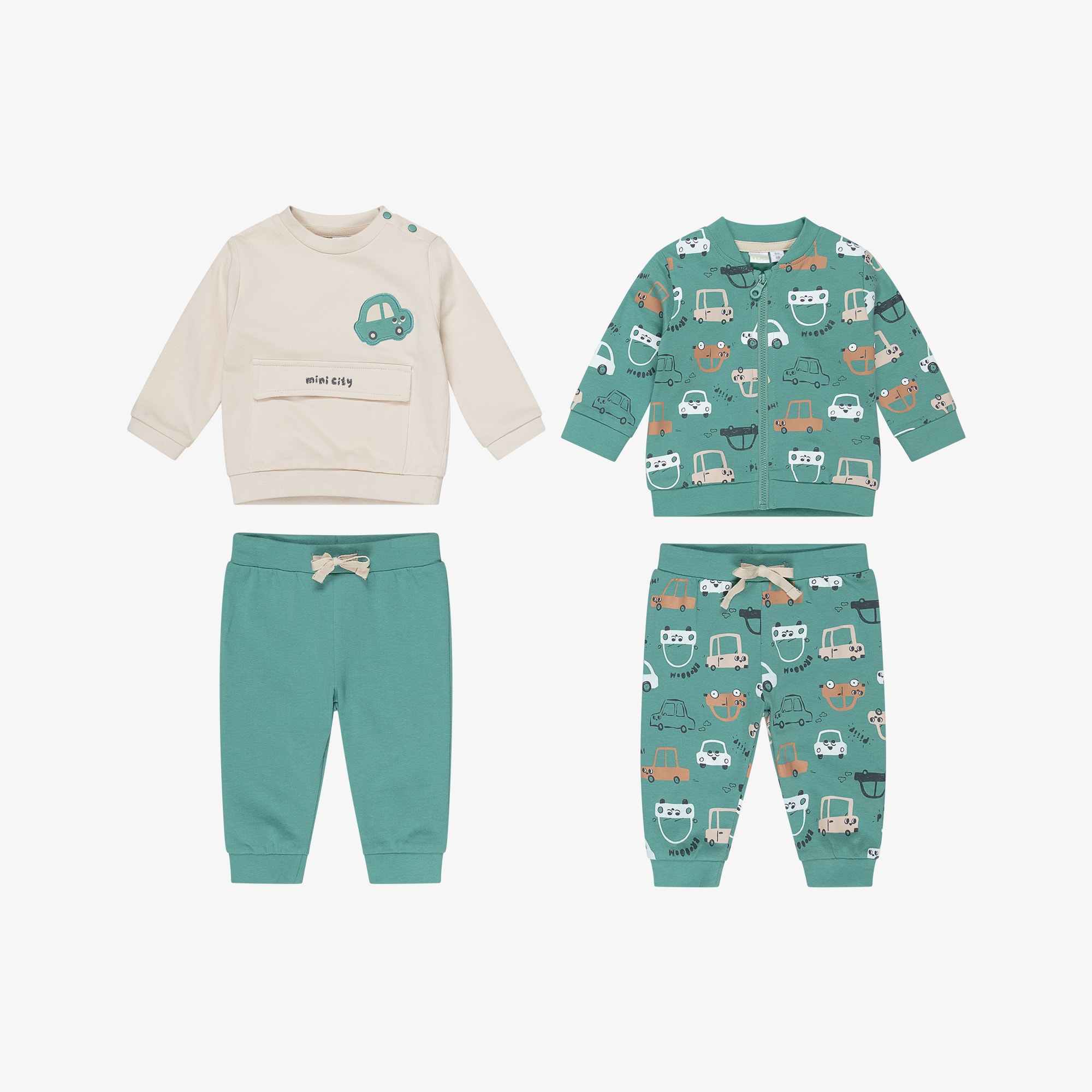Baby Boys Green & Beige Tracksuits with Car Motifs (2 Pack) - View 2