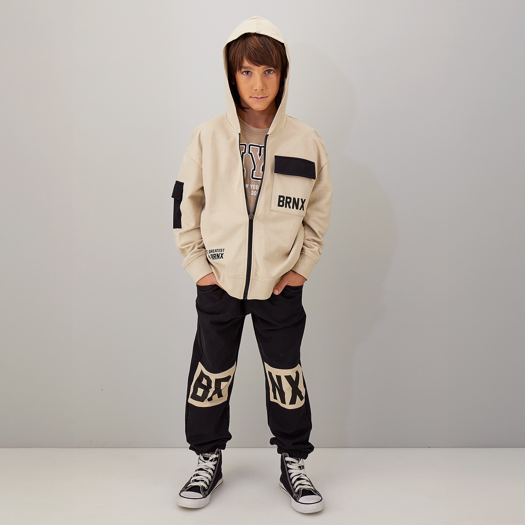 Boys Beige & Black Graphic Cotton Tracksuit - View 2