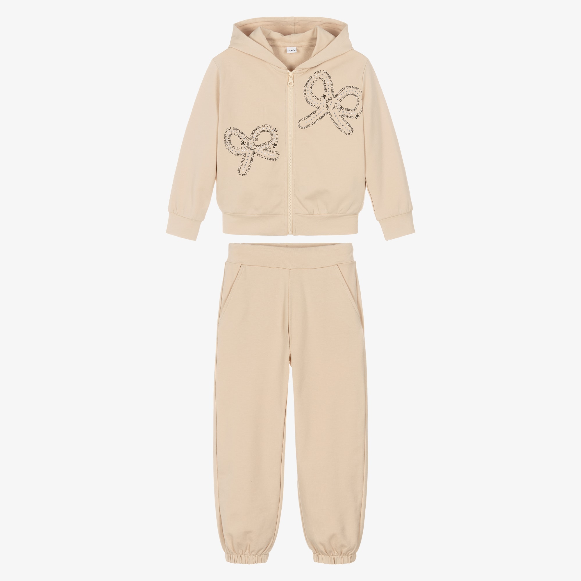 Girls Beige Cotton Bow Design Tracksuit - View 2
